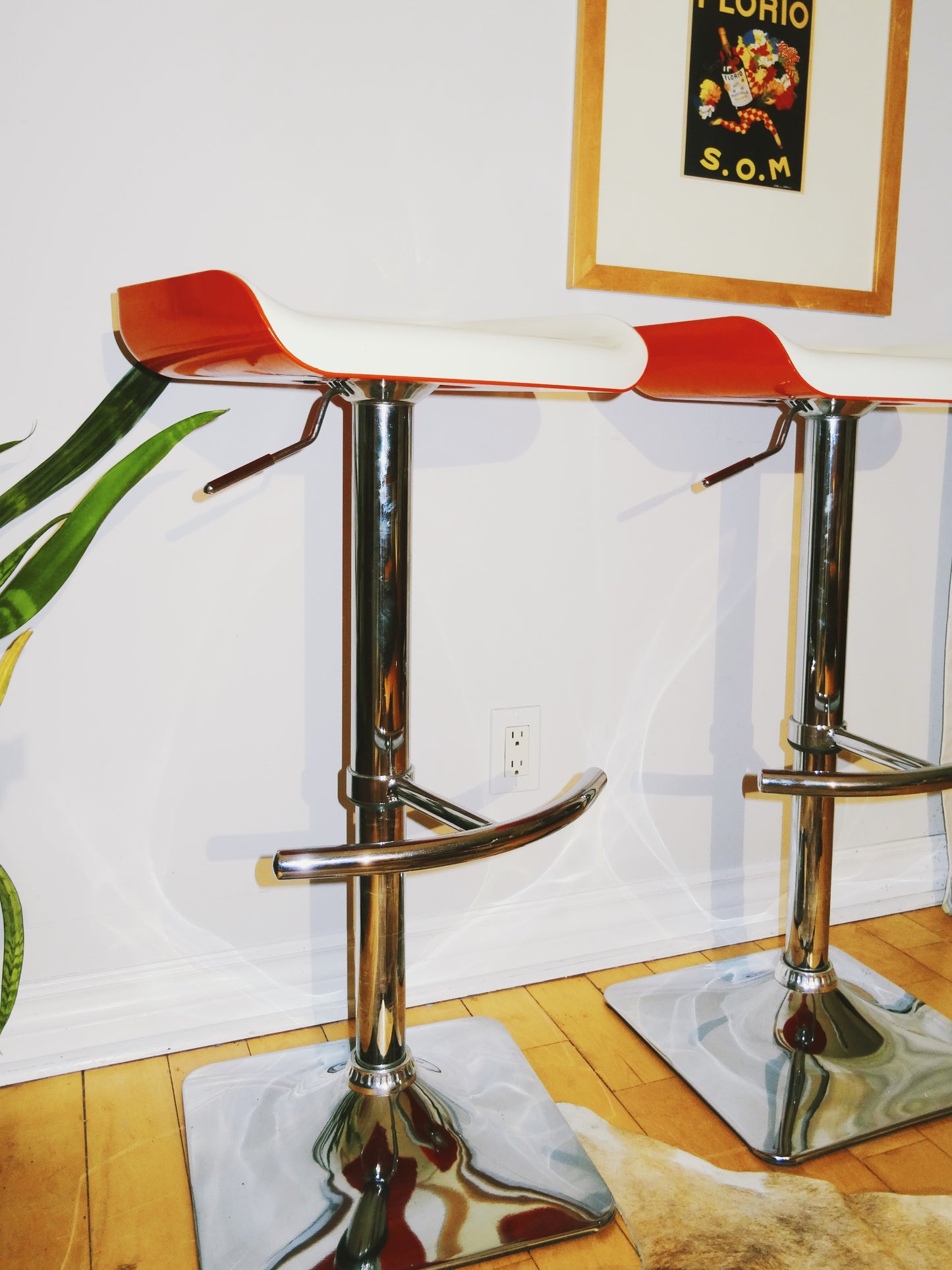 Shift Contemporary Adjustable Orange/ White/ Chrome Barstools