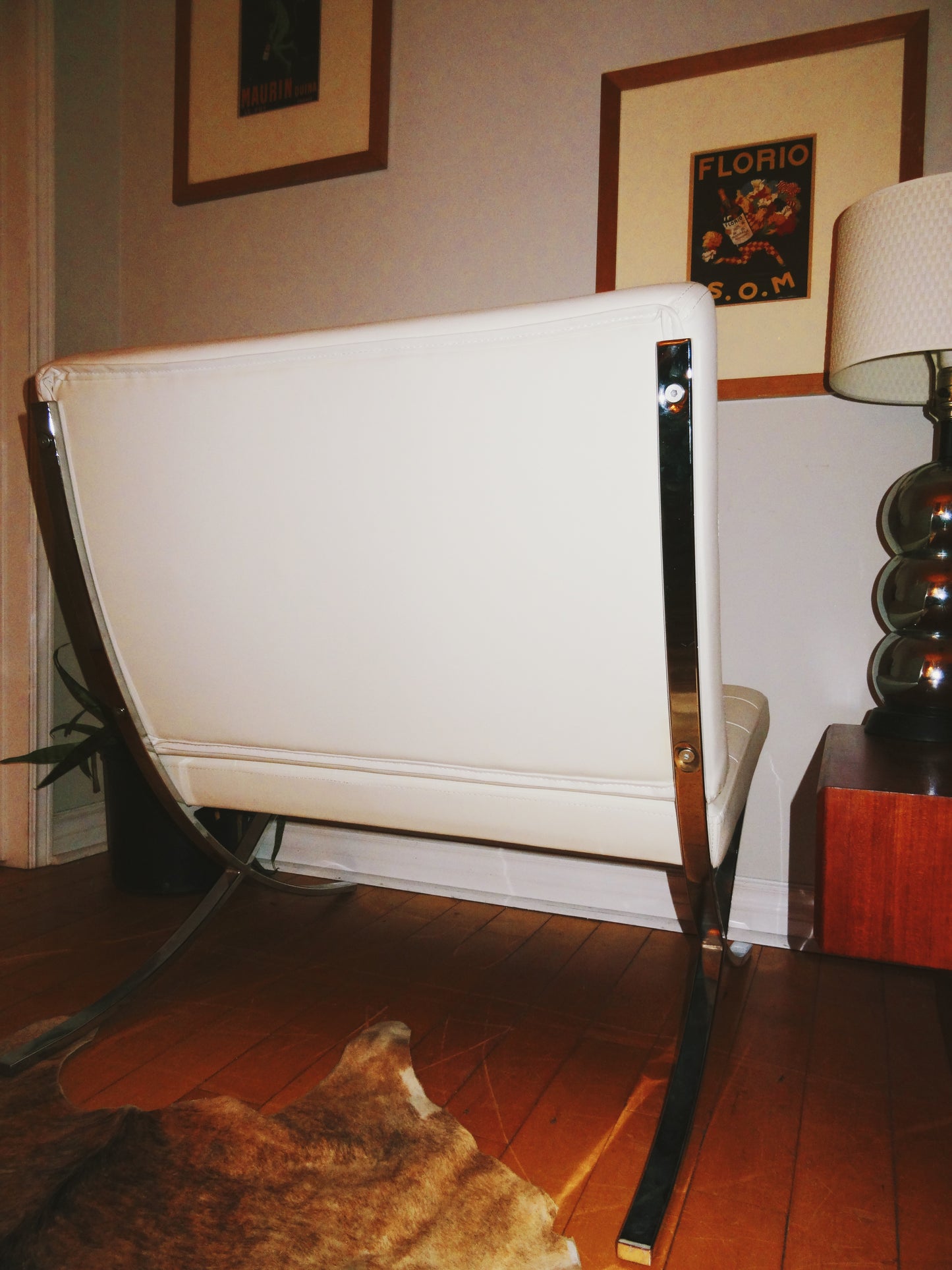 Set of Two White Vinyl/ Chrome Barcelona Inspired Chairs