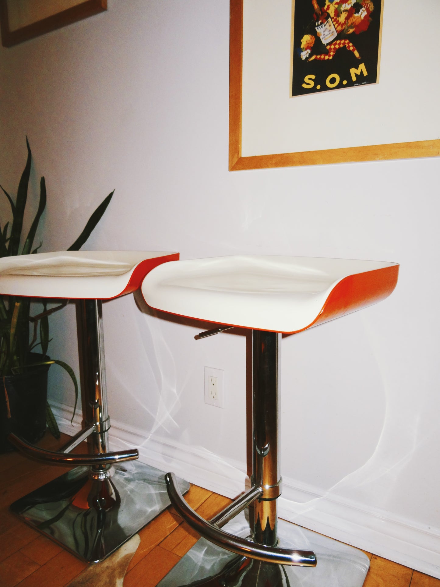 Shift Contemporary Adjustable Orange/ White/ Chrome Barstools