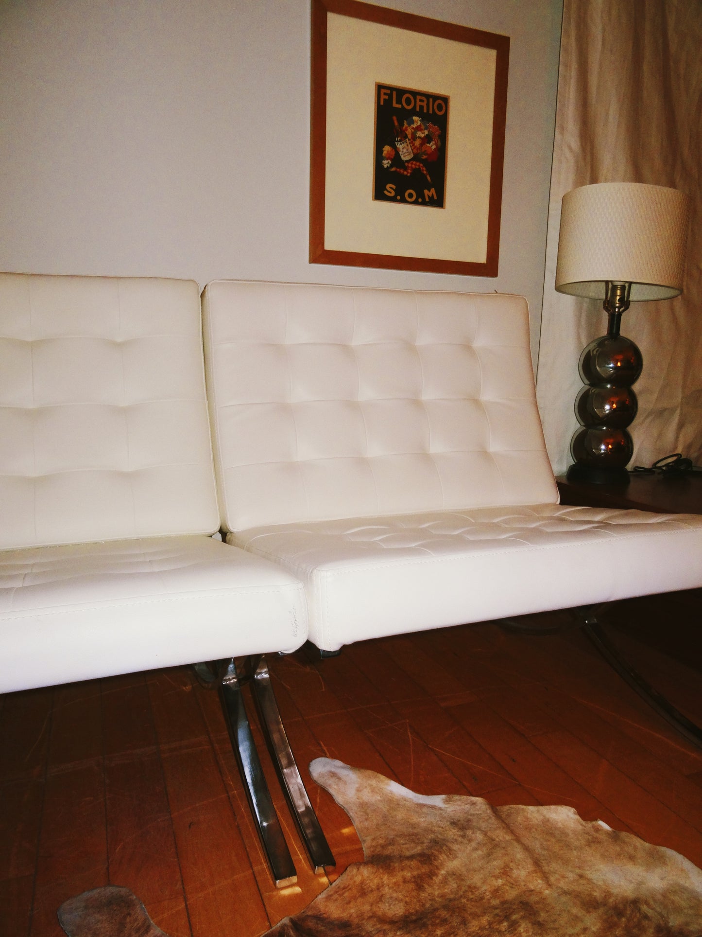 Set of Two White Vinyl/ Chrome Barcelona Inspired Chairs