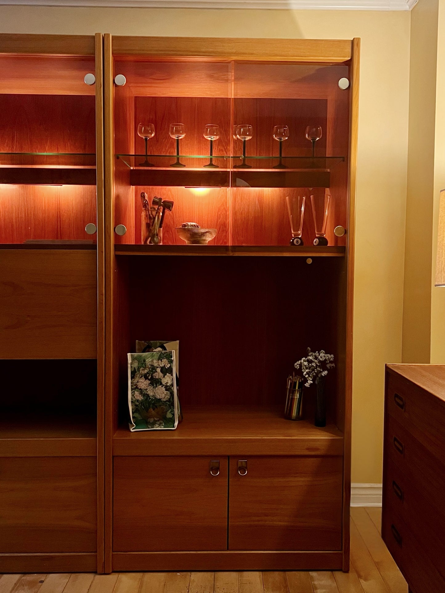 Three Piece Solid Teak and Brass Wall unit (Bar/ Bookshelf/ Display Cabinet)