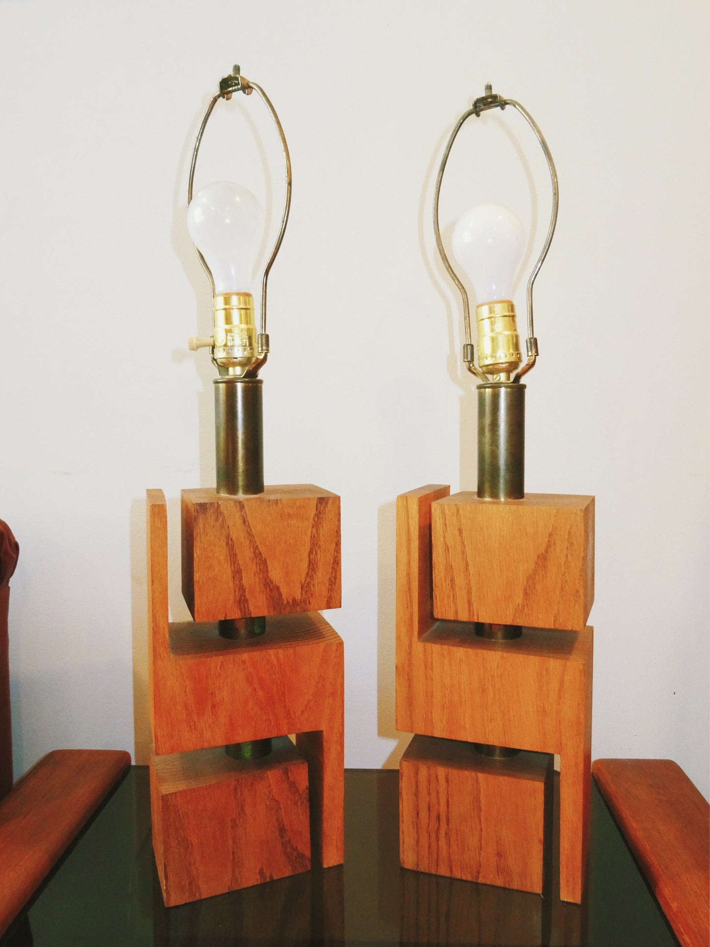 Pair of Rare Geometric Teak and Brass Lamps