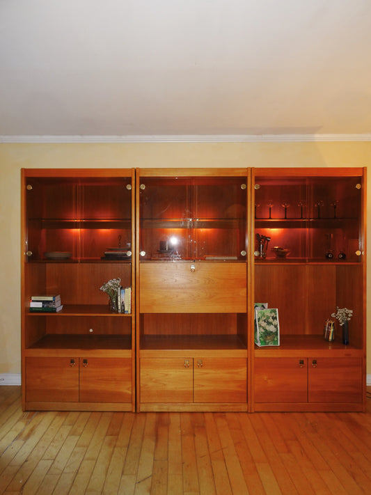 Three Piece Solid Teak and Brass Wall unit (Bar/ Bookshelf/ Display Cabinet)