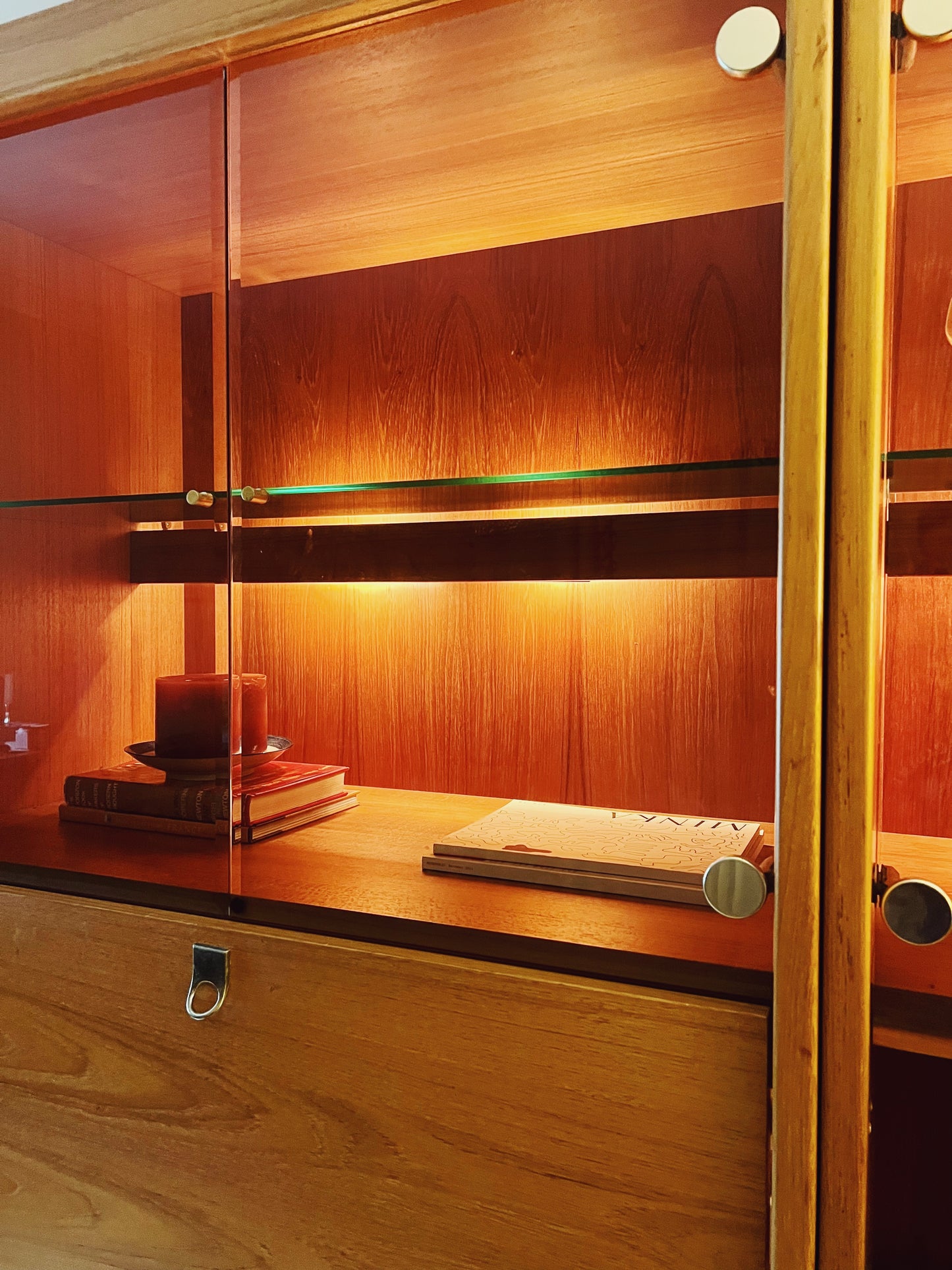 Three Piece Solid Teak and Brass Wall unit (Bar/ Bookshelf/ Display Cabinet)