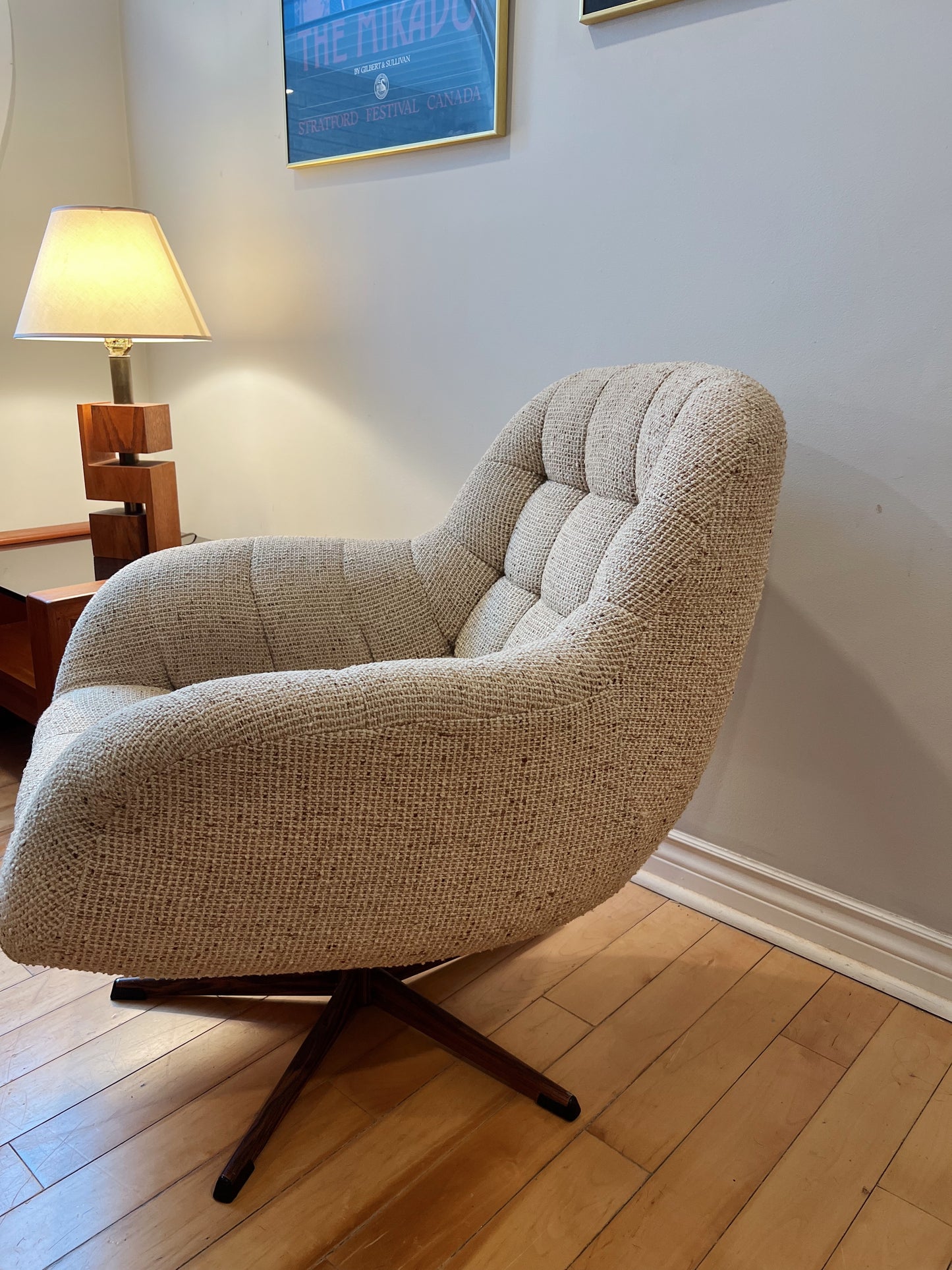 Mid Century Tweed Swivel Chair and matching Ottoman
