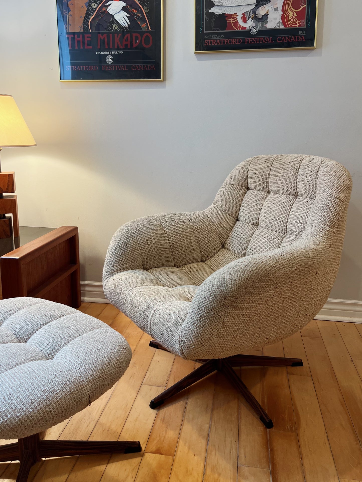 Mid Century Tweed Swivel Chair and matching Ottoman