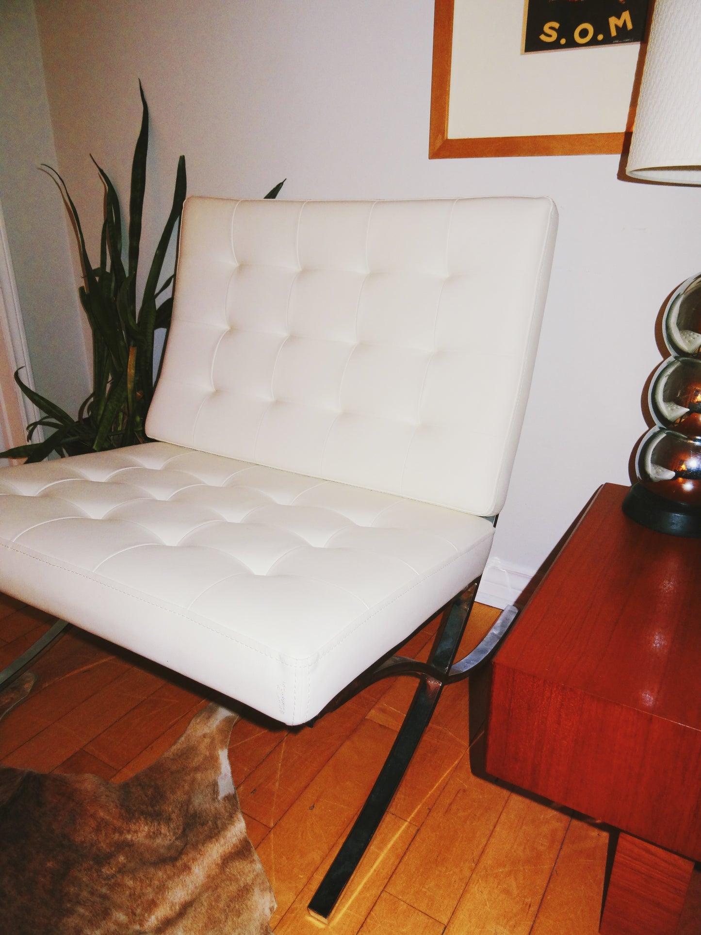 Set of Two White Vinyl/ Chrome Barcelona Inspired Chairs