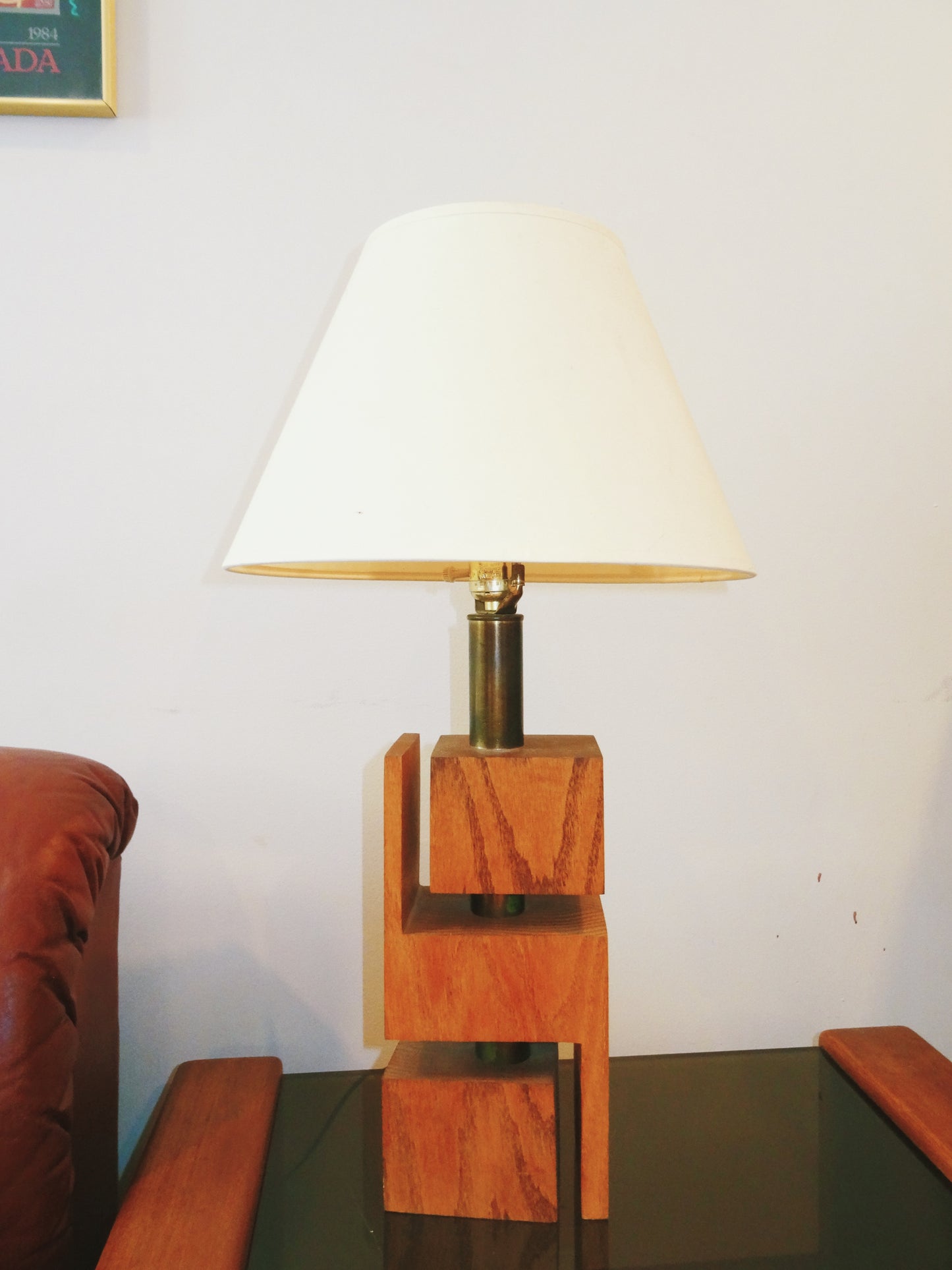 Pair of Rare Geometric Teak and Brass Lamps