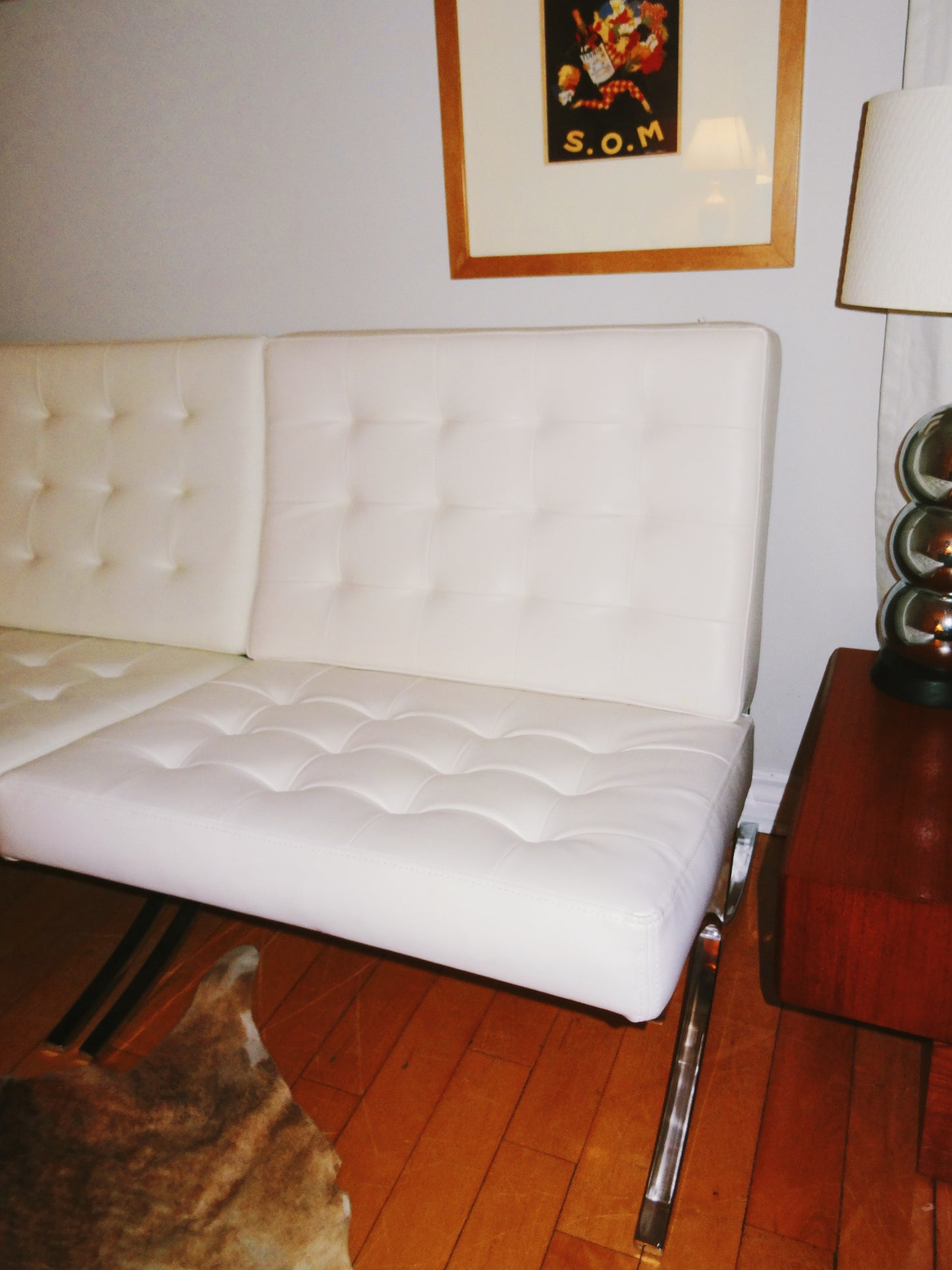 Set of Two White Vinyl/ Chrome Barcelona Inspired Chairs