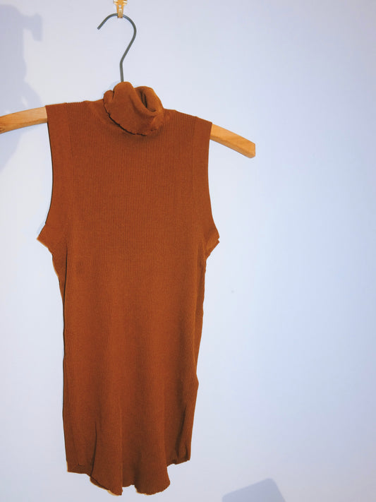 Brown Ribbed Sleeveless Turtle Neck