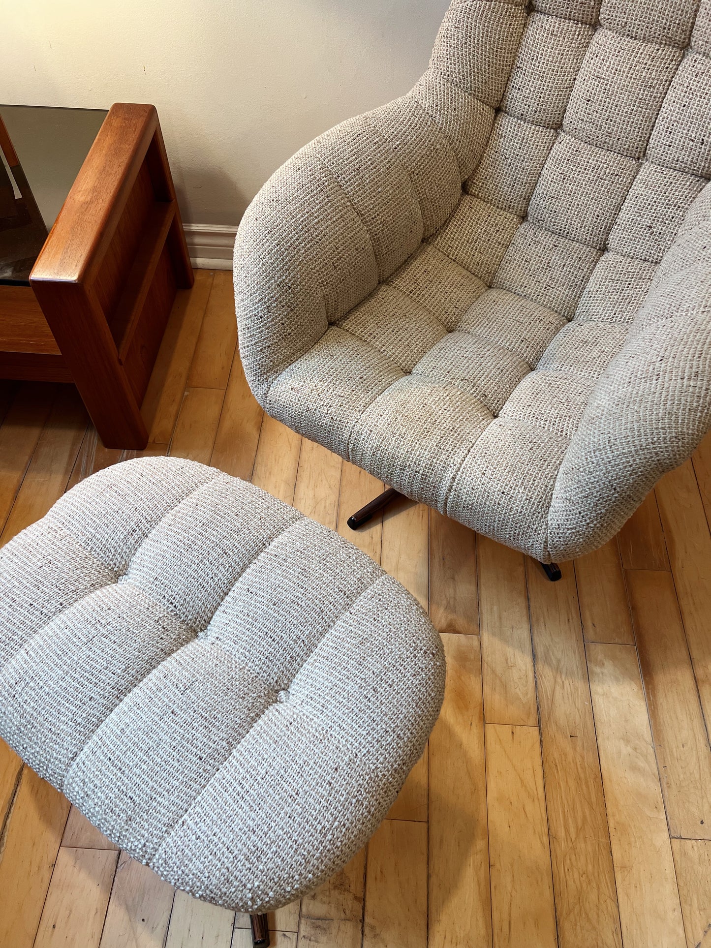 Mid Century Tweed Swivel Chair and matching Ottoman