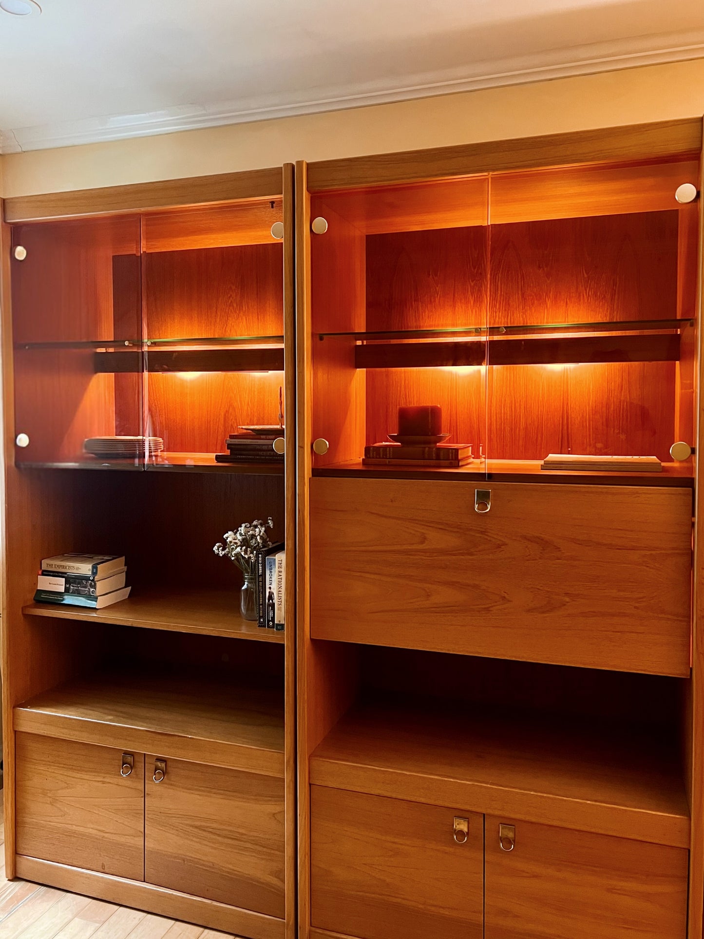 Three Piece Solid Teak and Brass Wall unit (Bar/ Bookshelf/ Display Cabinet)