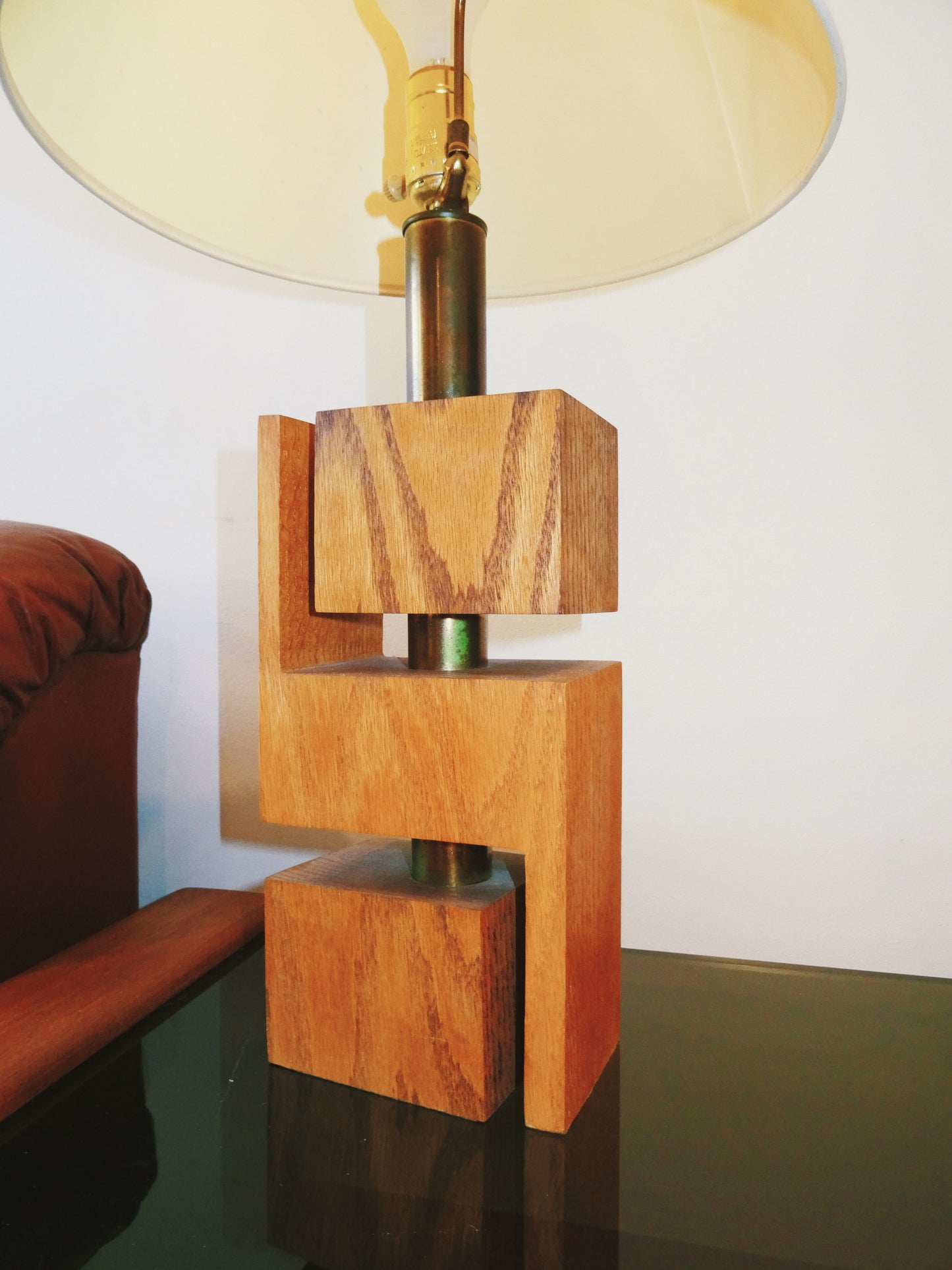 Pair of Rare Geometric Teak and Brass Lamps