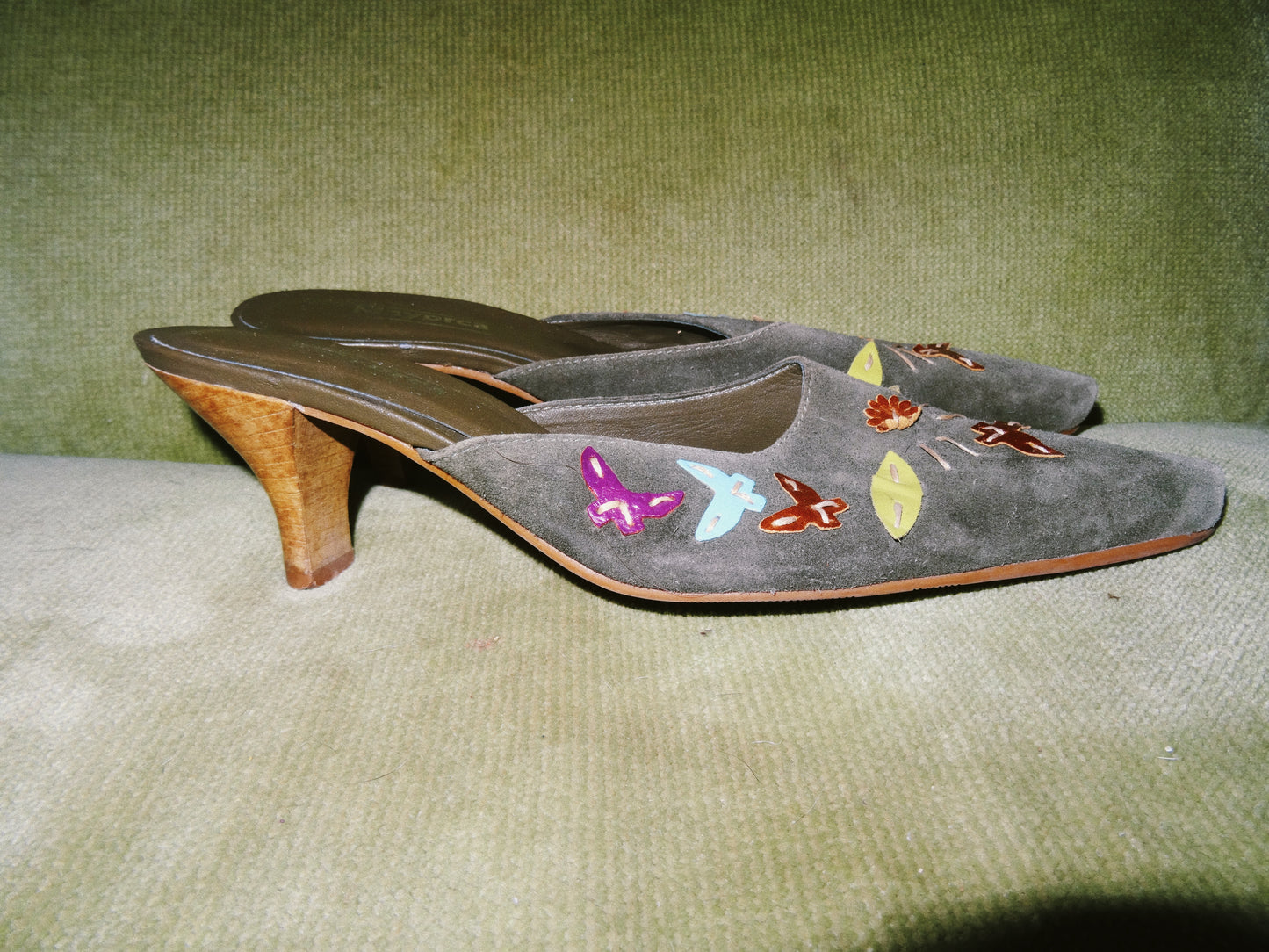 Army Green and Floral Suede Kitten Heel (size 37)