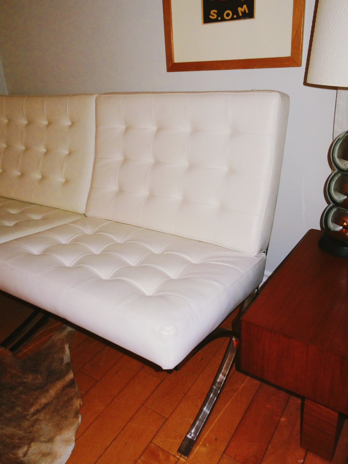 Set of Two White Vinyl/ Chrome Barcelona Inspired Chairs