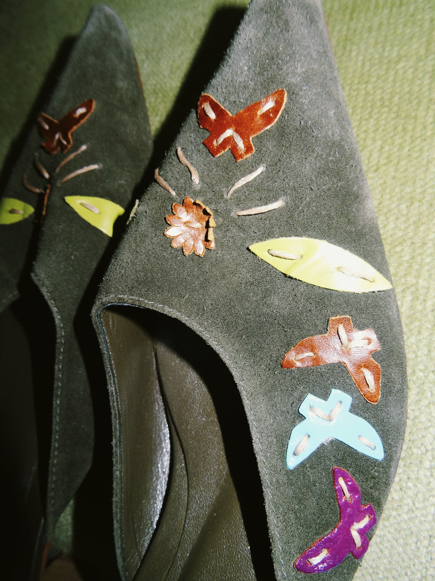 Army Green and Floral Suede Kitten Heel (size 37)