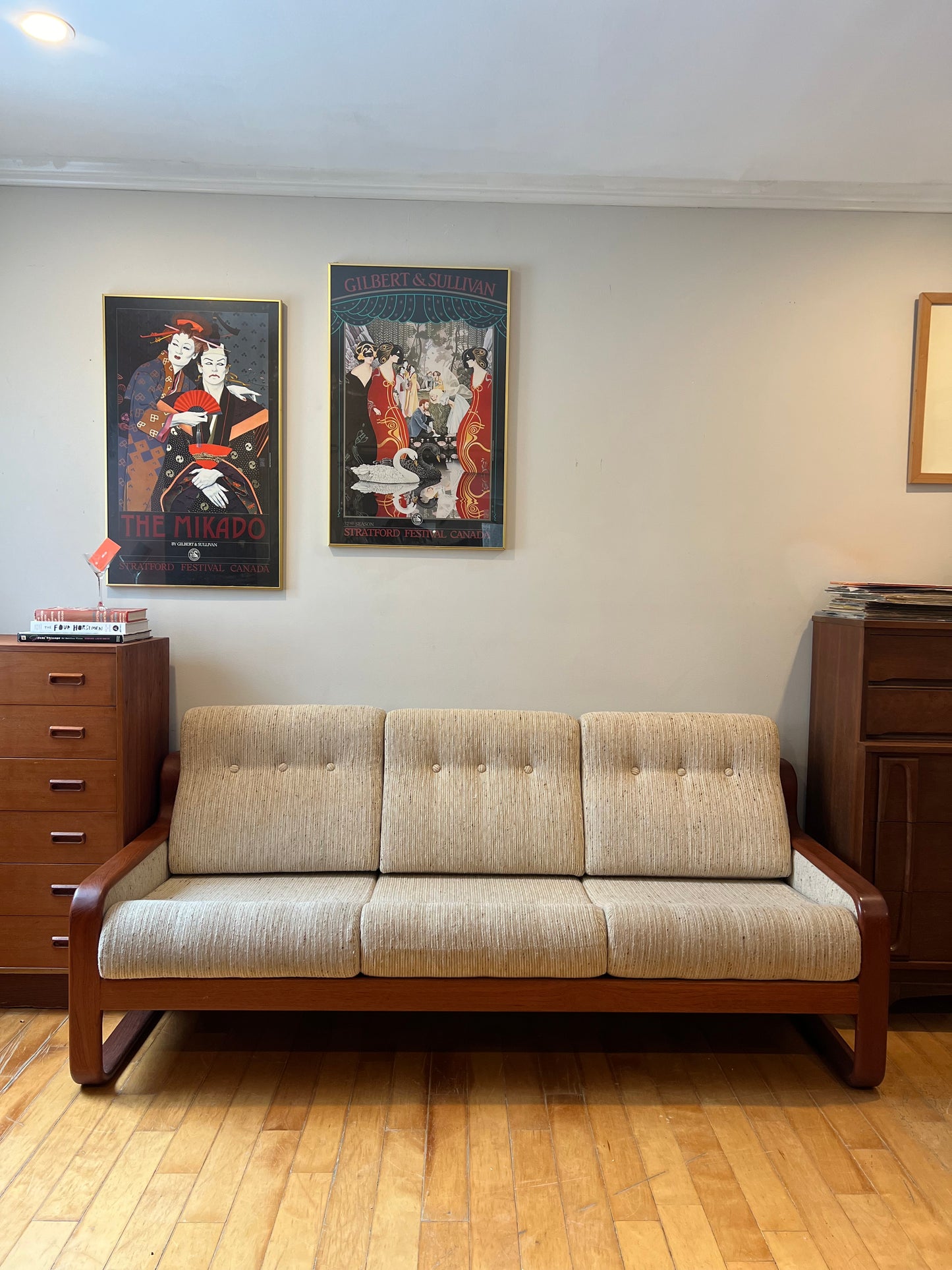 Mid Century Modern Tweed and Teak Three Seater Sofa