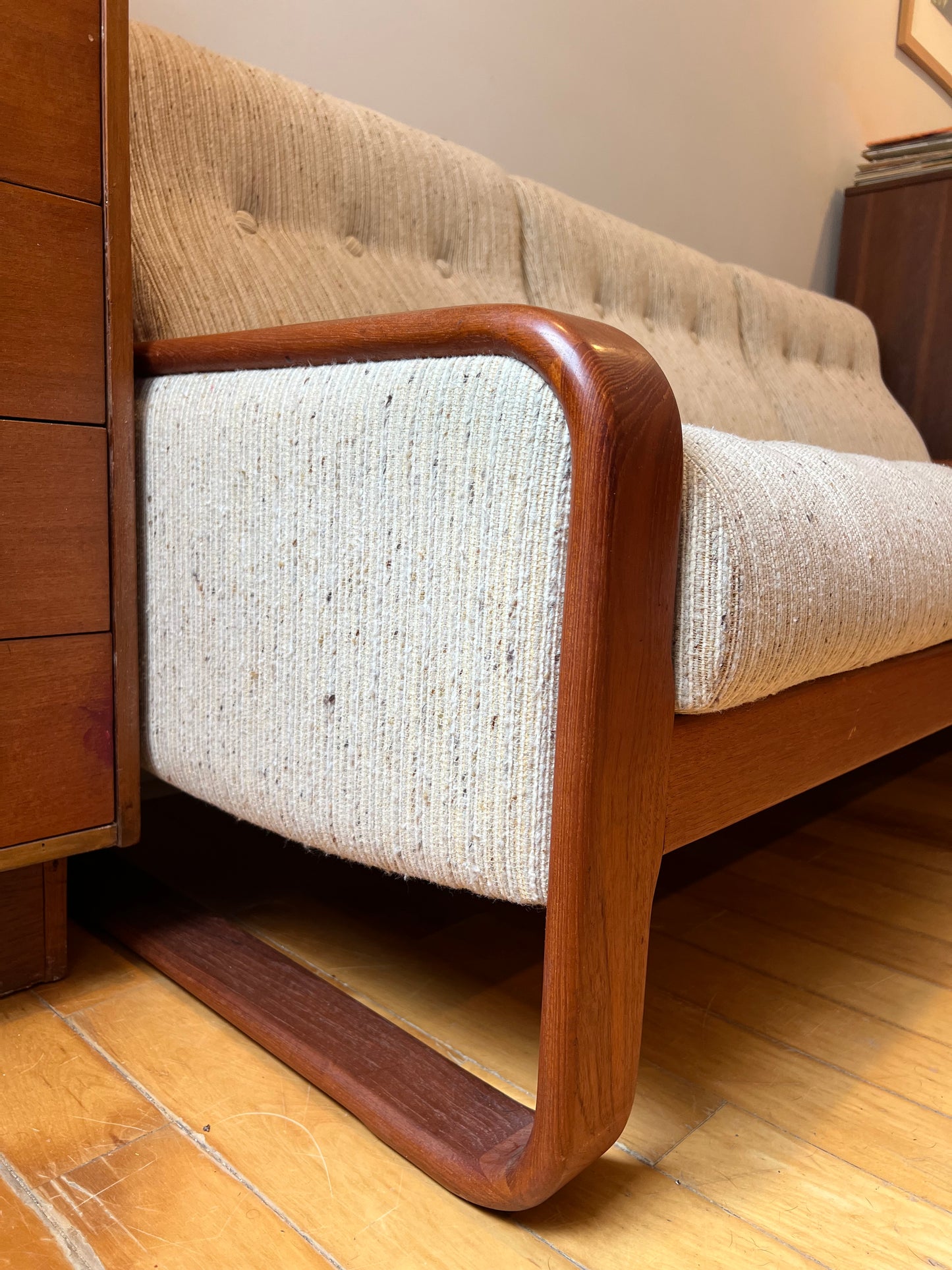 Mid Century Modern Tweed and Teak Three Seater Sofa