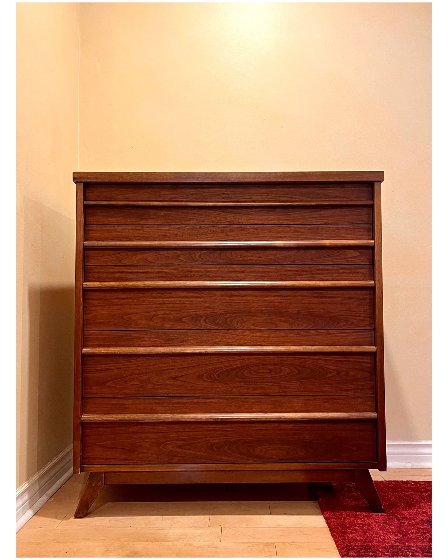 Mid Century Walnut Five Drawer Tallboy Dresser