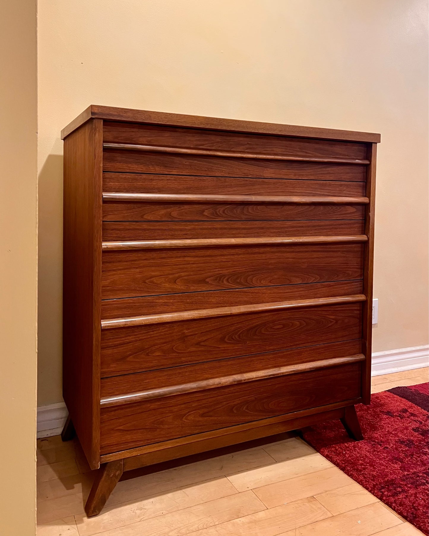 Mid Century Walnut Five Drawer Tallboy Dresser