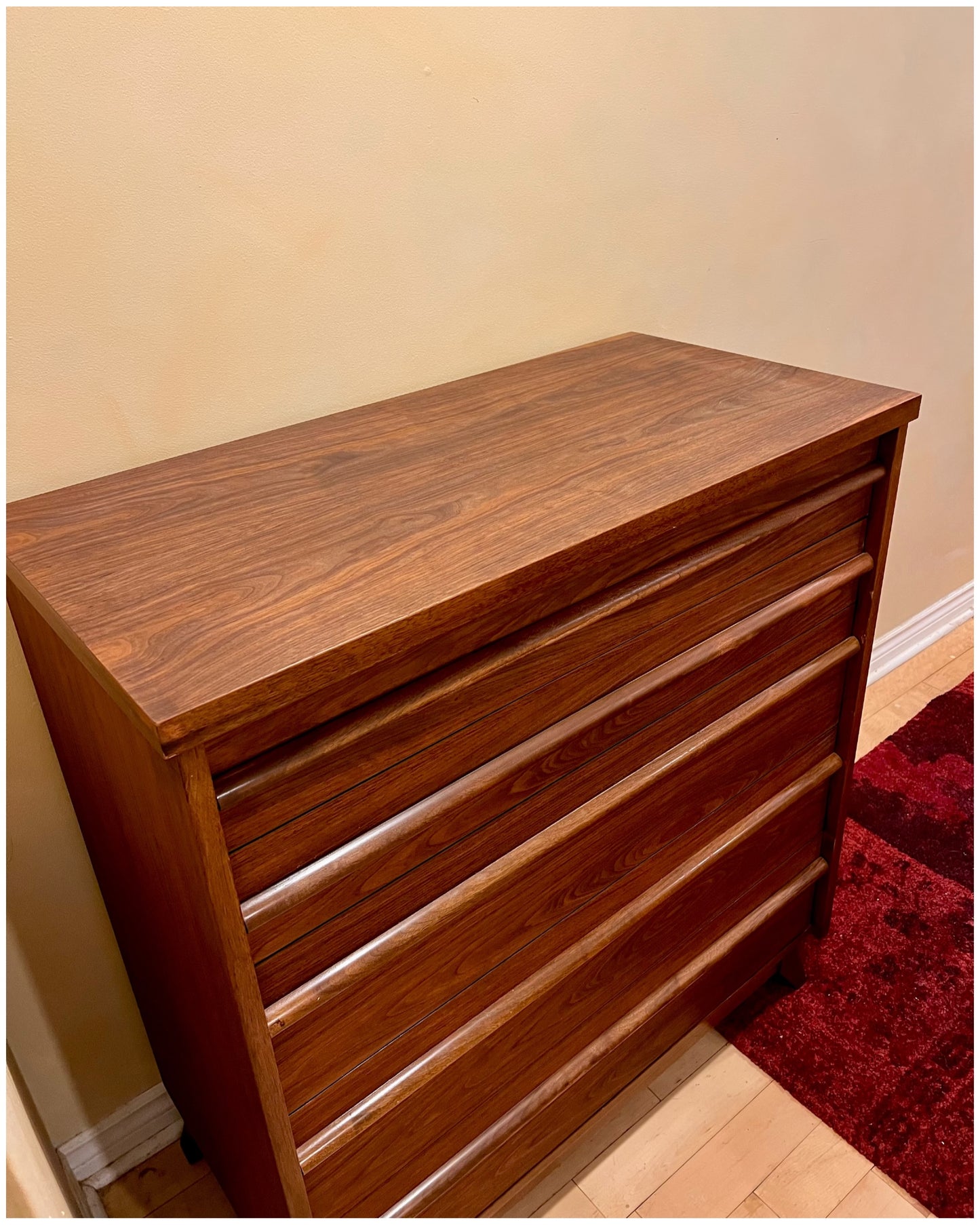 Mid Century Walnut Five Drawer Tallboy Dresser