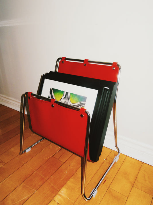 Red Leather and Chrome Magazine Rack