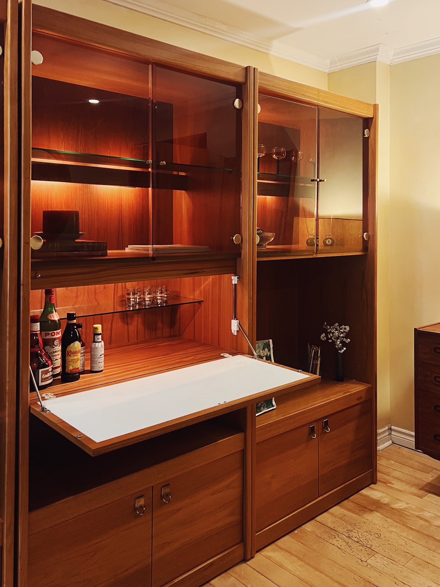 Three Piece Solid Teak and Brass Wall unit (Bar/ Bookshelf/ Display Cabinet)