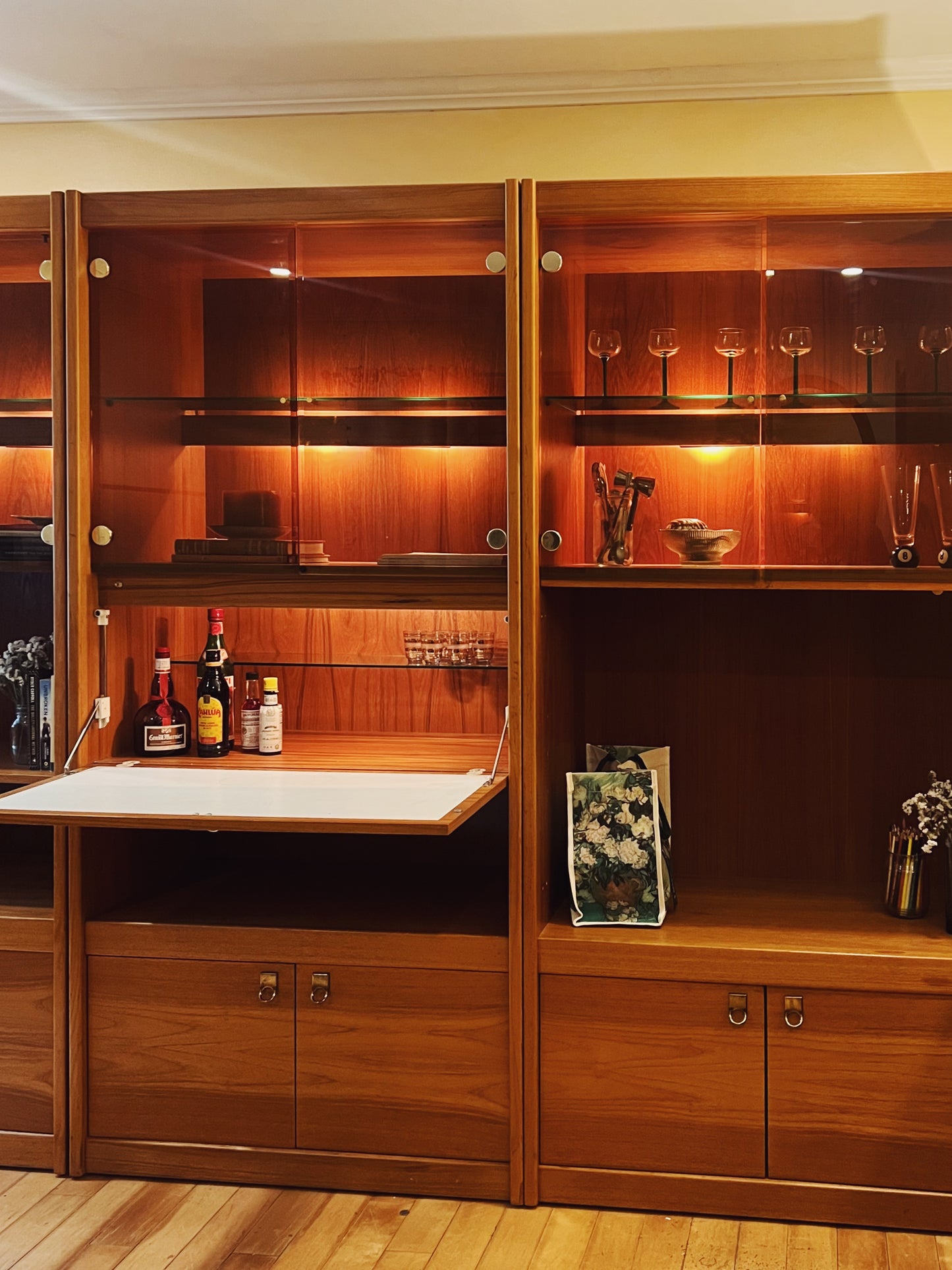 Three Piece Solid Teak and Brass Wall unit (Bar/ Bookshelf/ Display Cabinet)