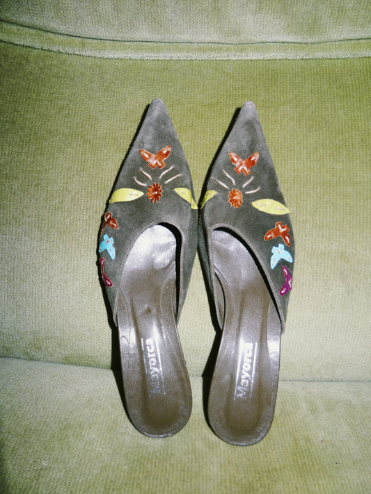 Army Green and Floral Suede Kitten Heel (size 37)