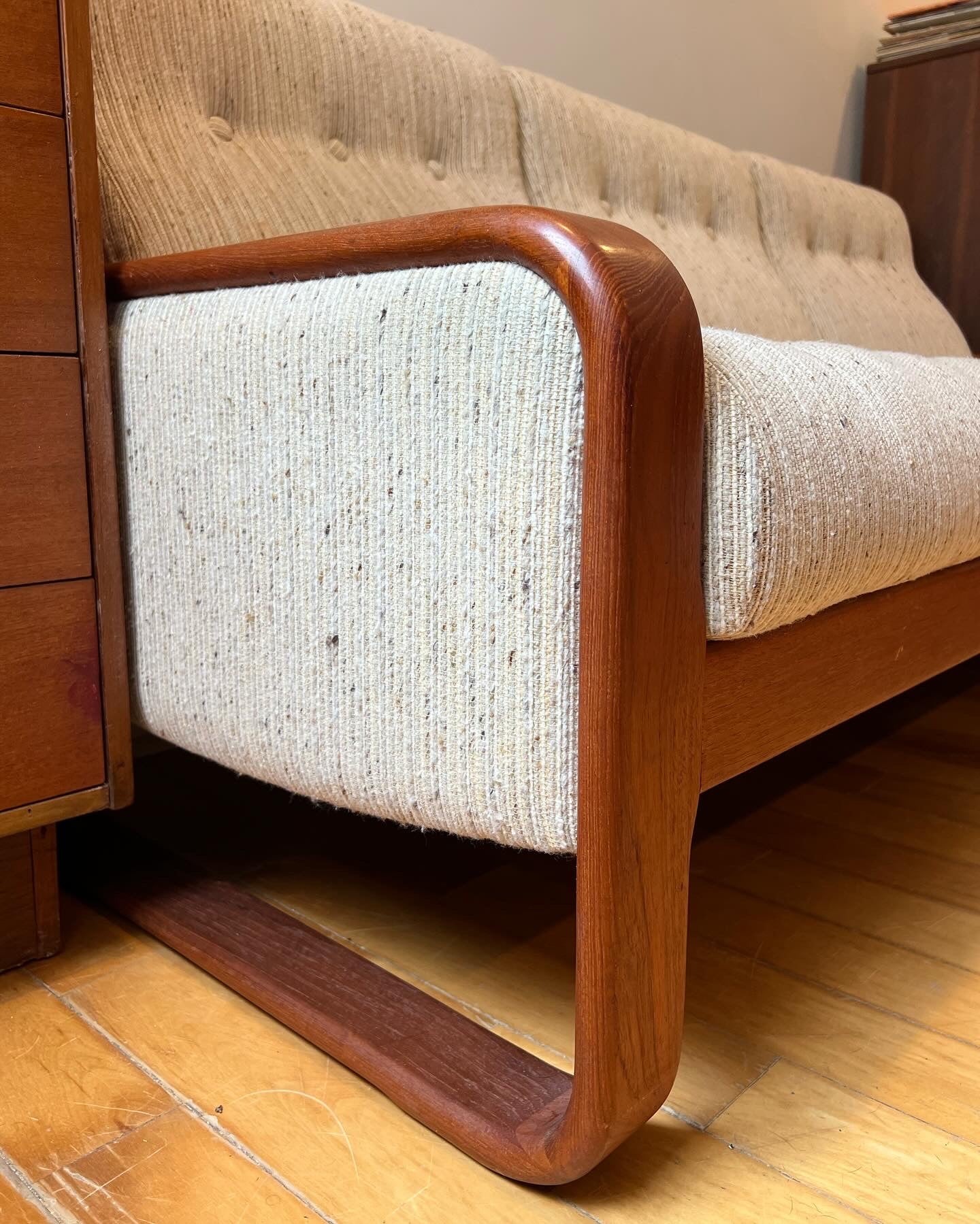 Mid Century Modern Tweed and Teak Three Seater Sofa