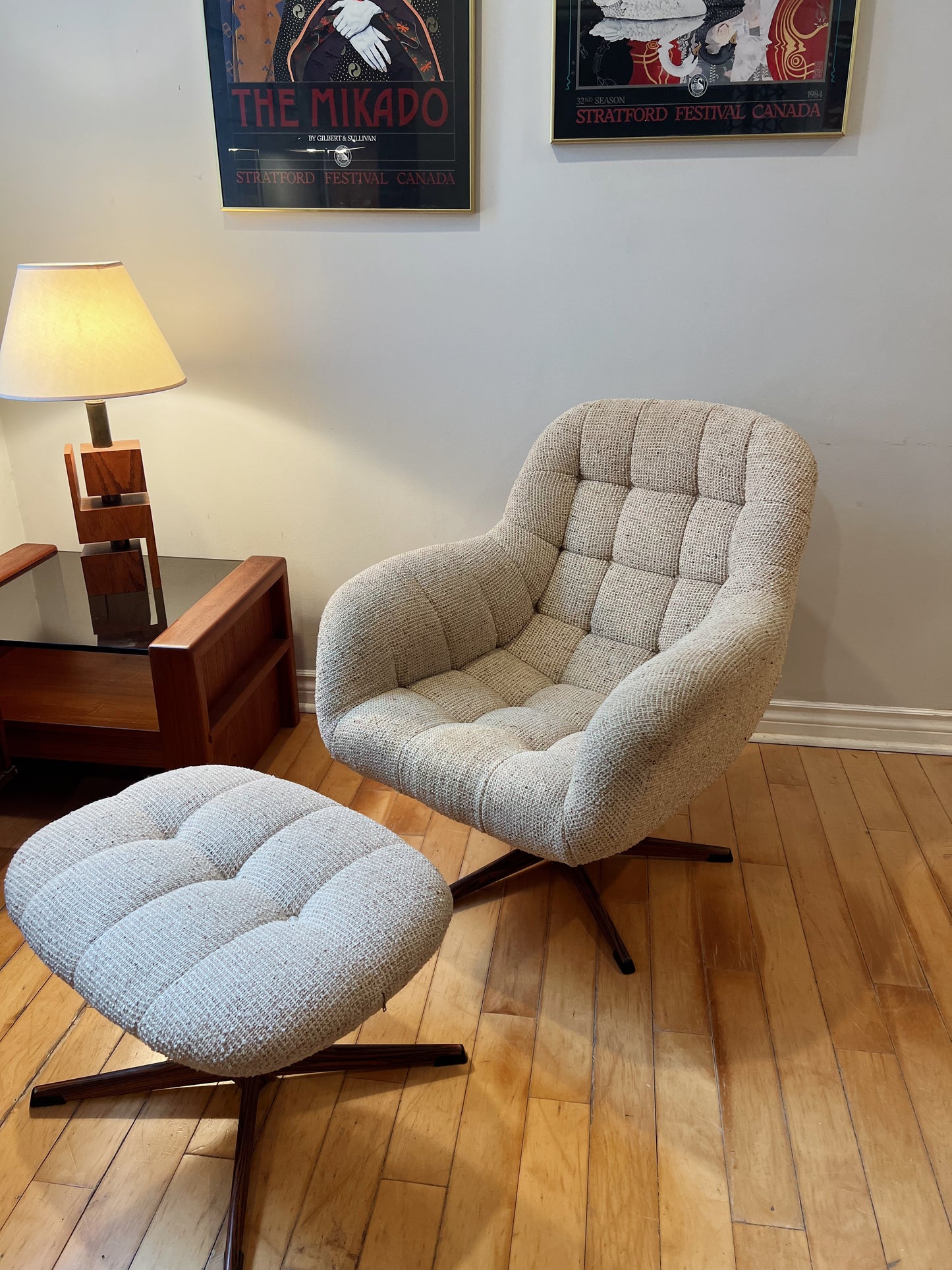 Mid Century Tweed Swivel Chair and matching Ottoman