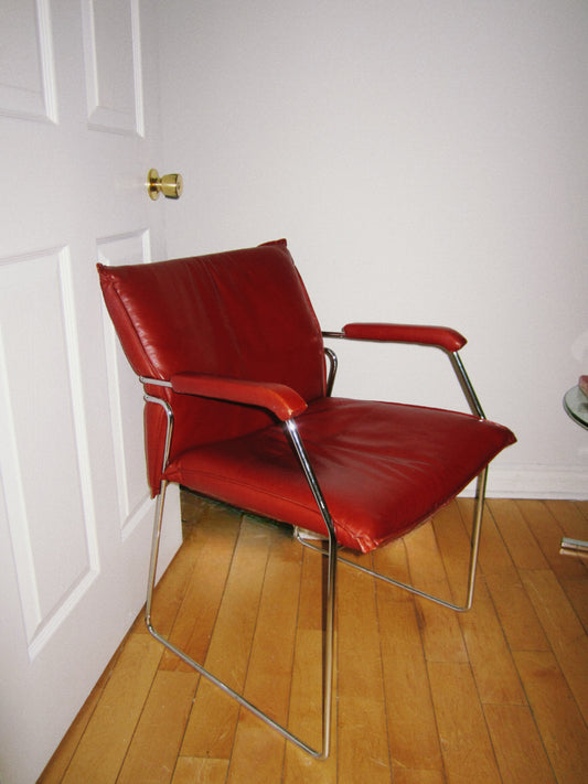 Red Chrome and Faux Leather Mid Century Modern Chair