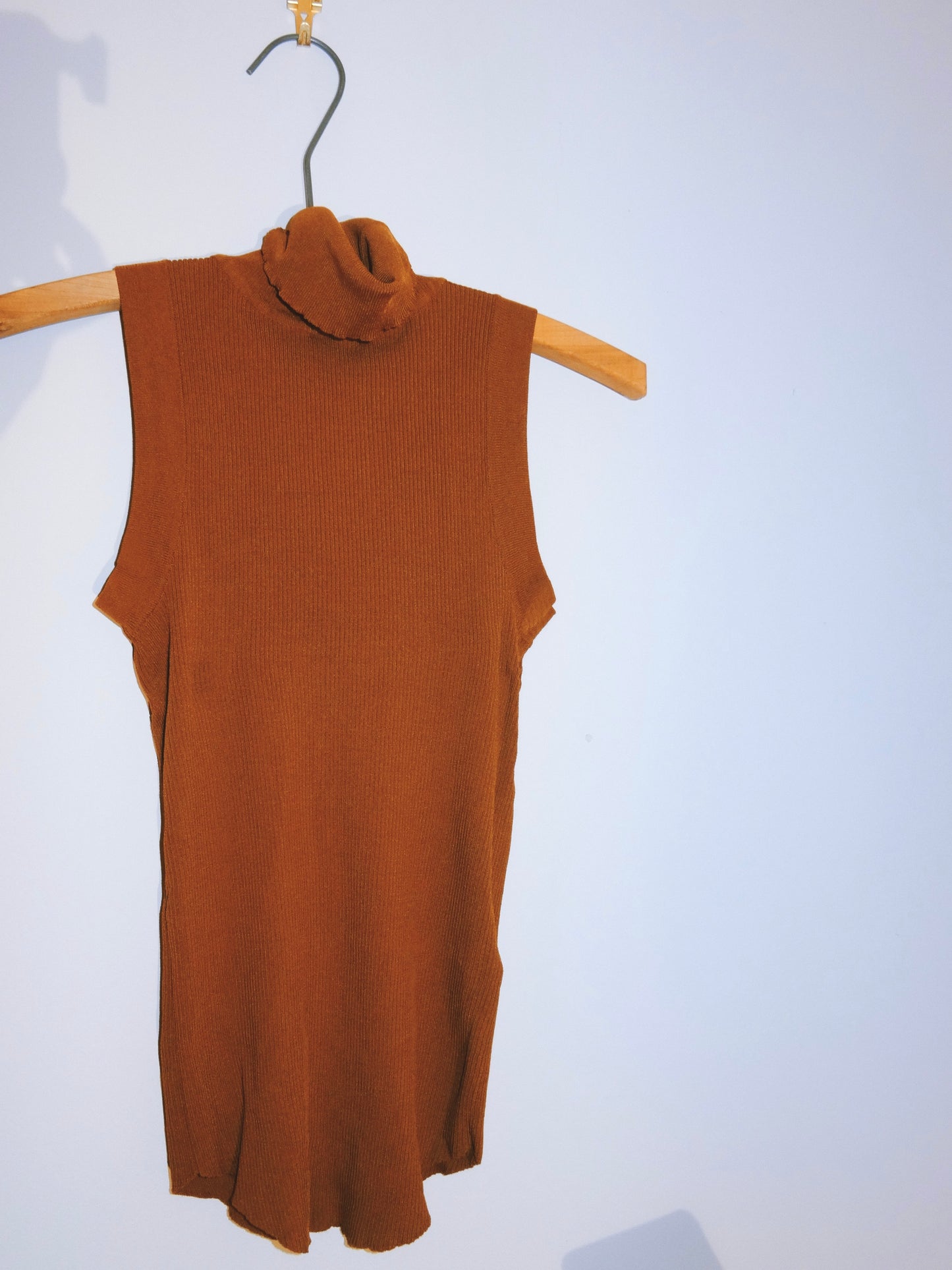 Brown Ribbed Sleeveless Turtle Neck
