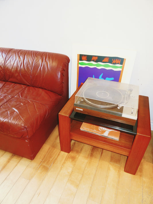 Mid Century Solid Teak and Smoked Glass Top Side Table