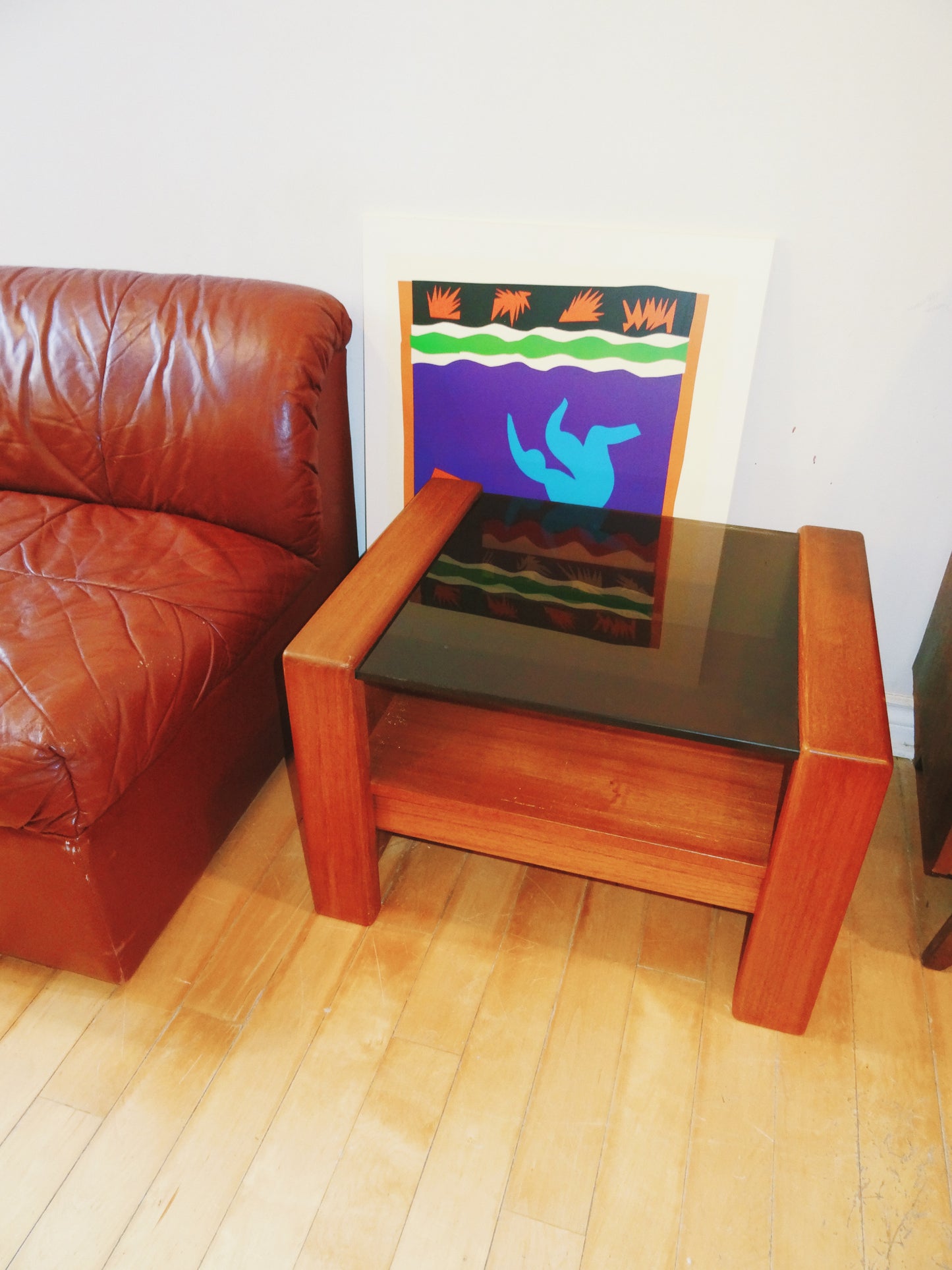 Mid Century Solid Teak and Smoked Glass Top Side Table
