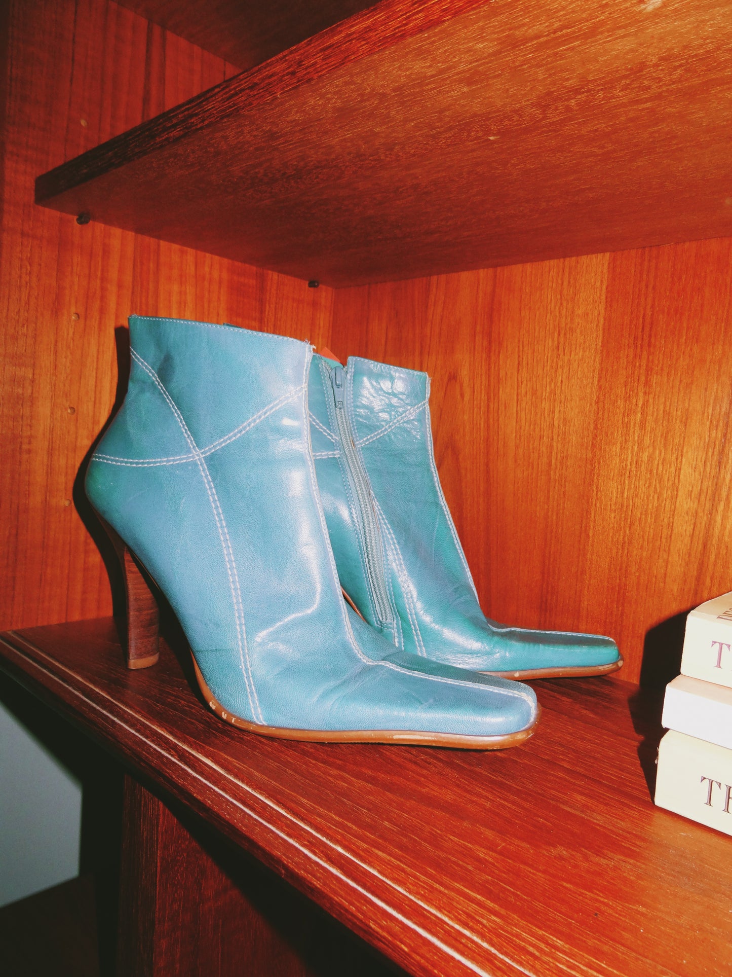 Blue Leather Kitten Heel Boots (Size 8)
