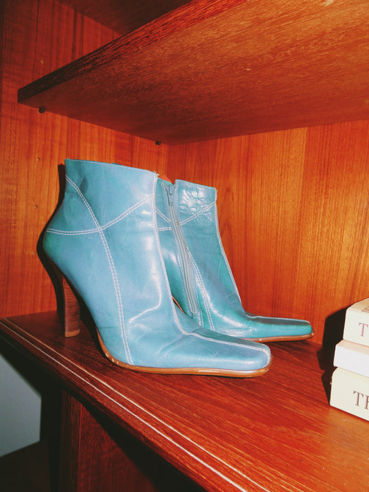 Blue Leather Kitten Heel Boots (Size 8)