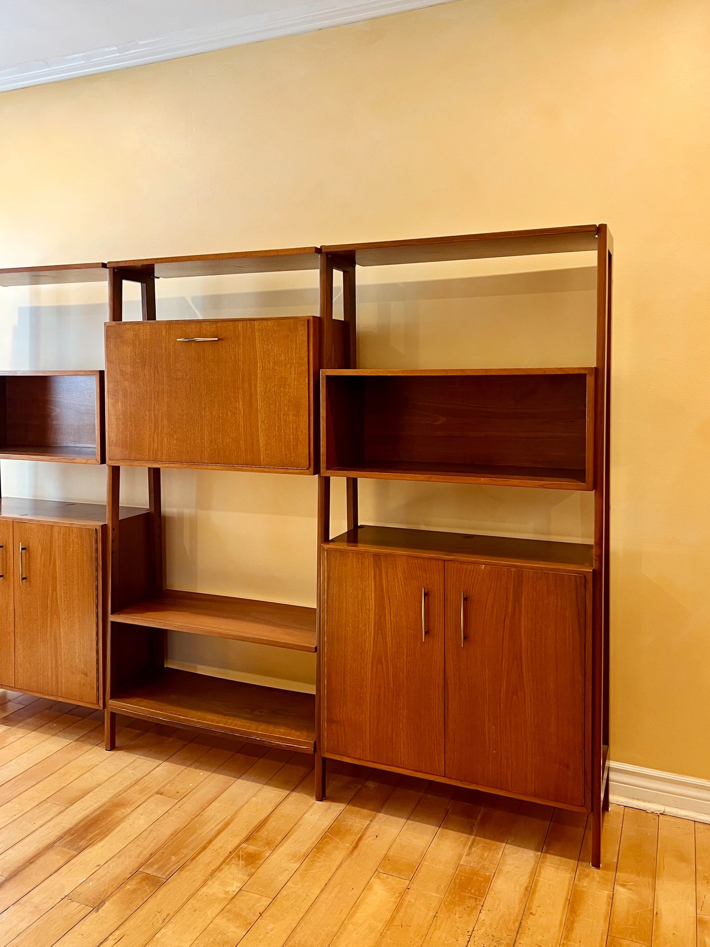 Mid Century Single Bay Standing Walnut Wall Unit
