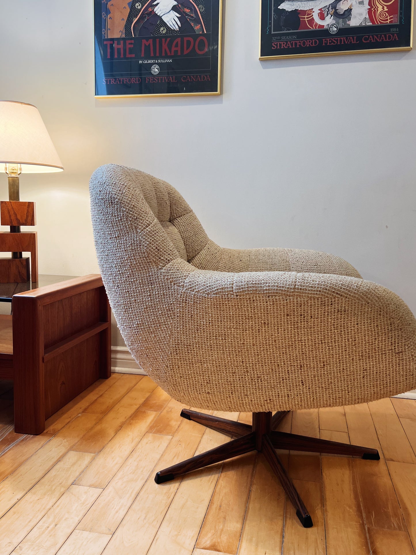 Mid Century Tweed Swivel Chair and matching Ottoman