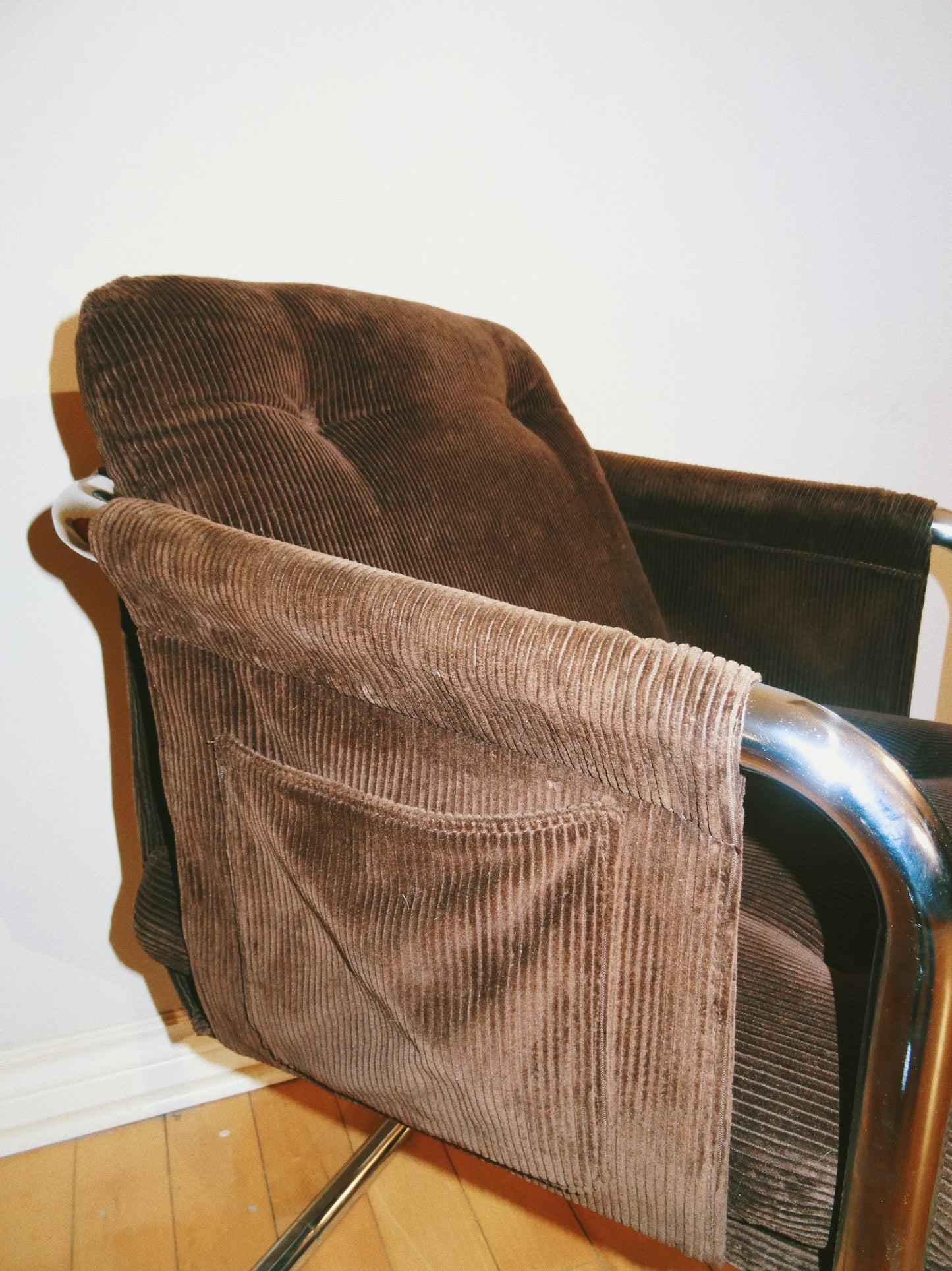 Brown Corduroy Cantilever Accent Chair