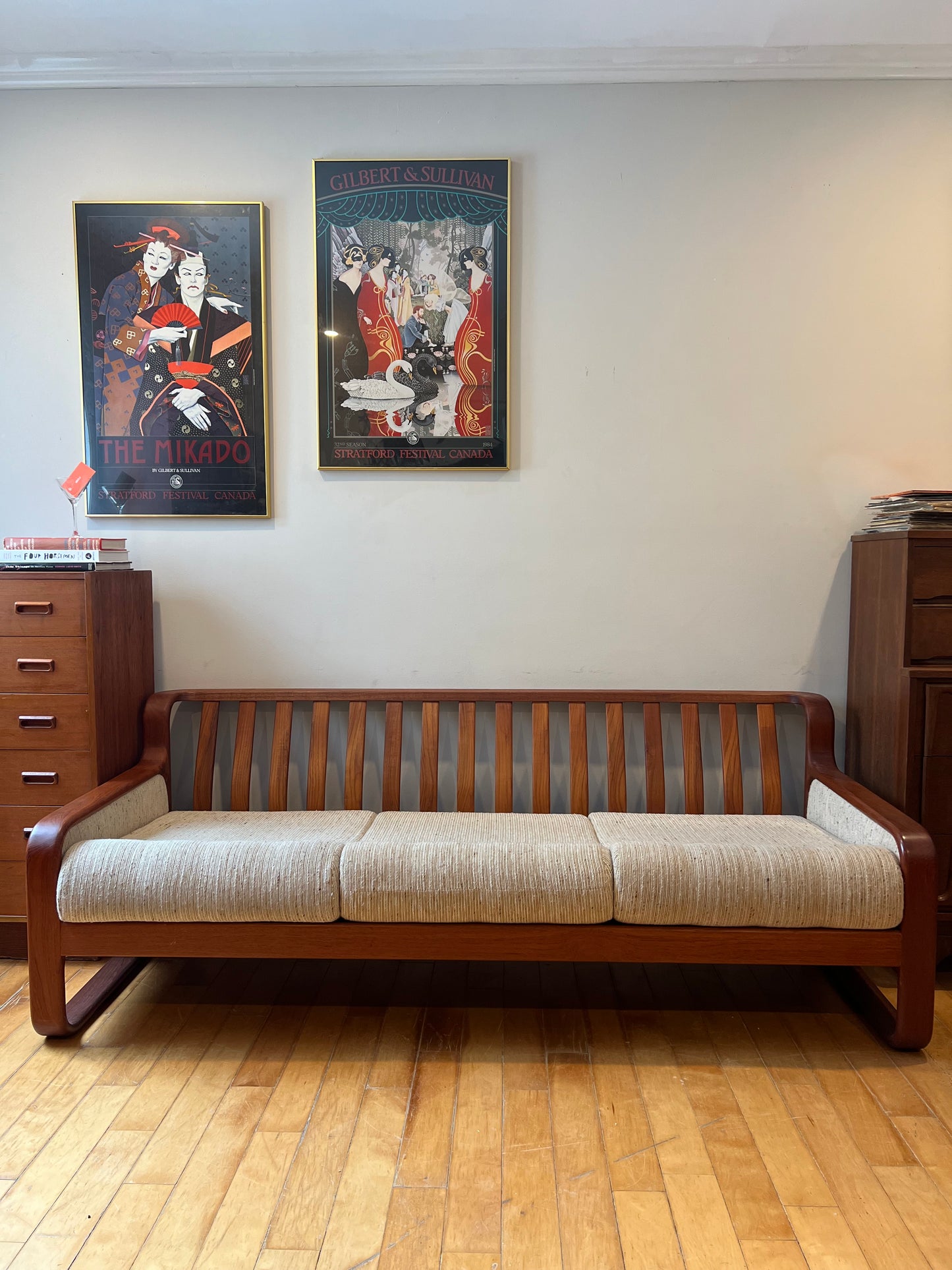 Mid Century Modern Tweed and Teak Three Seater Sofa