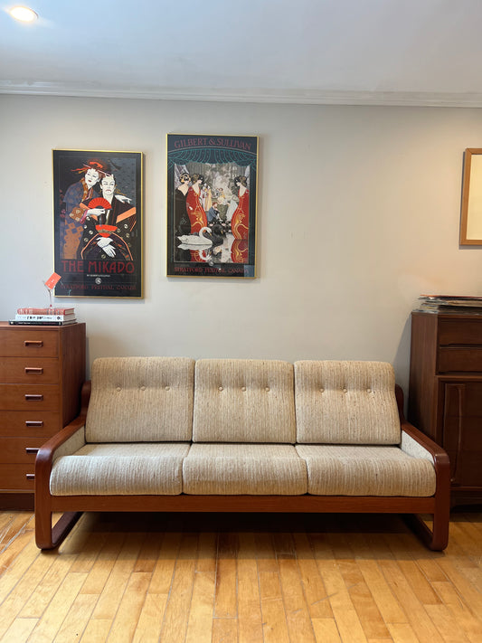 Mid Century Modern Tweed and Teak Three Seater Sofa