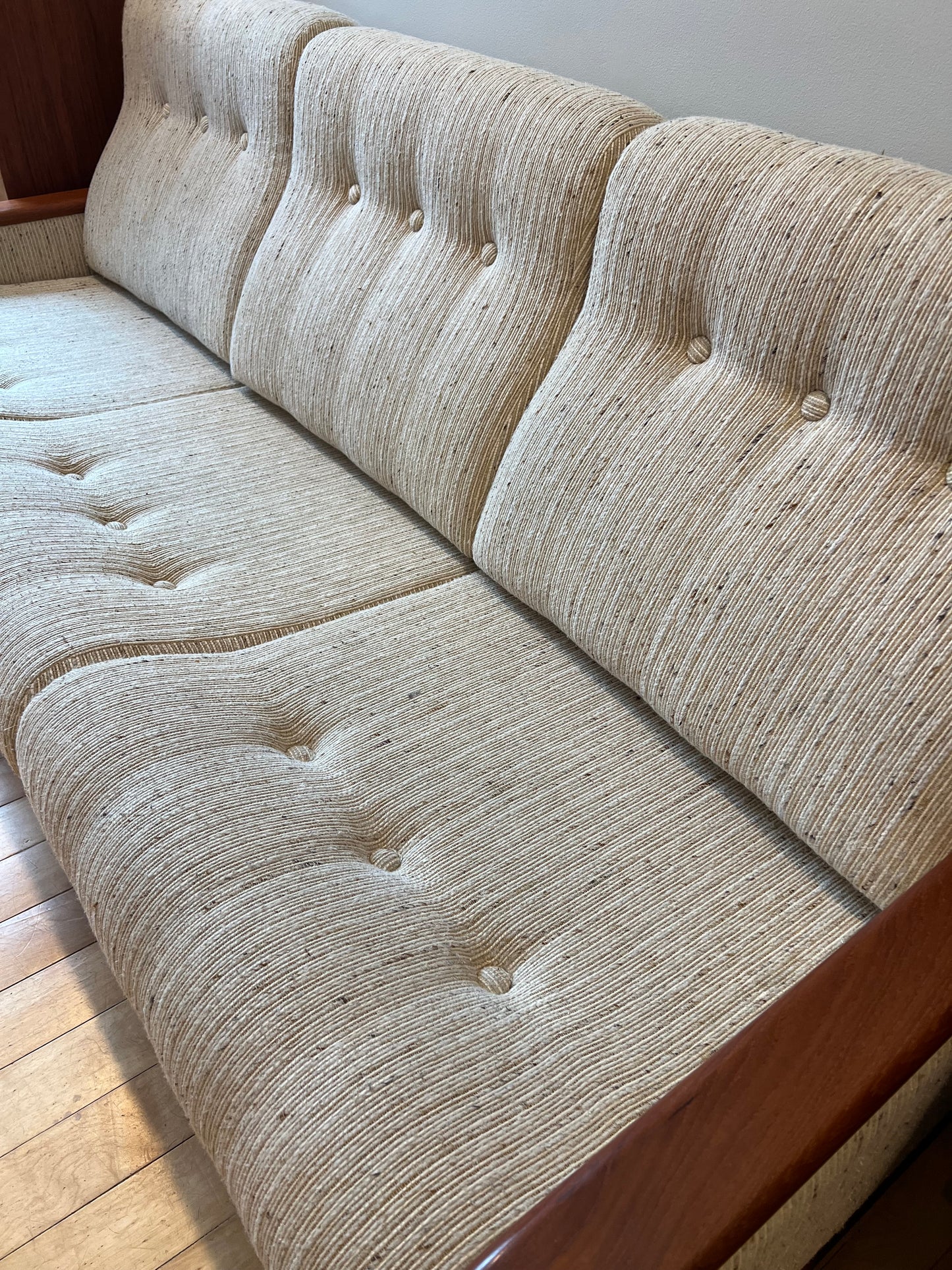 Mid Century Modern Tweed and Teak Three Seater Sofa