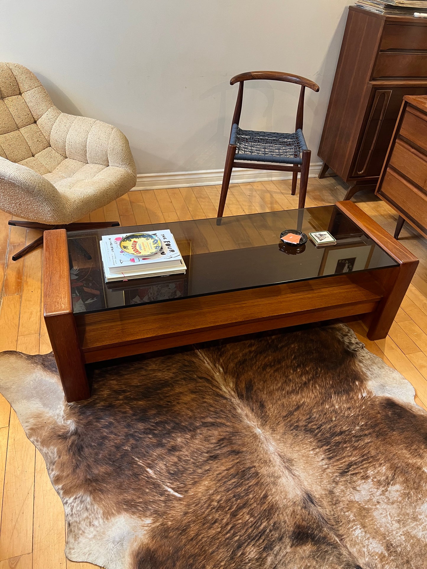 Solid Teak and Smoked Glass Mid Century Coffee Table