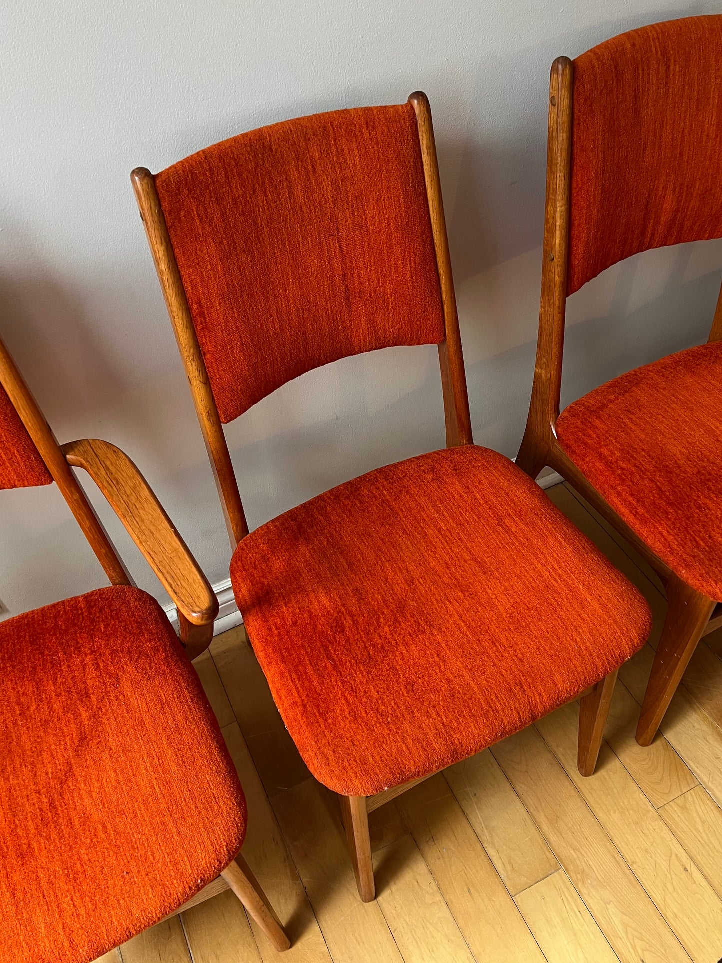Mid Century Set of Four Teak Burnt Orange Dining Chairs