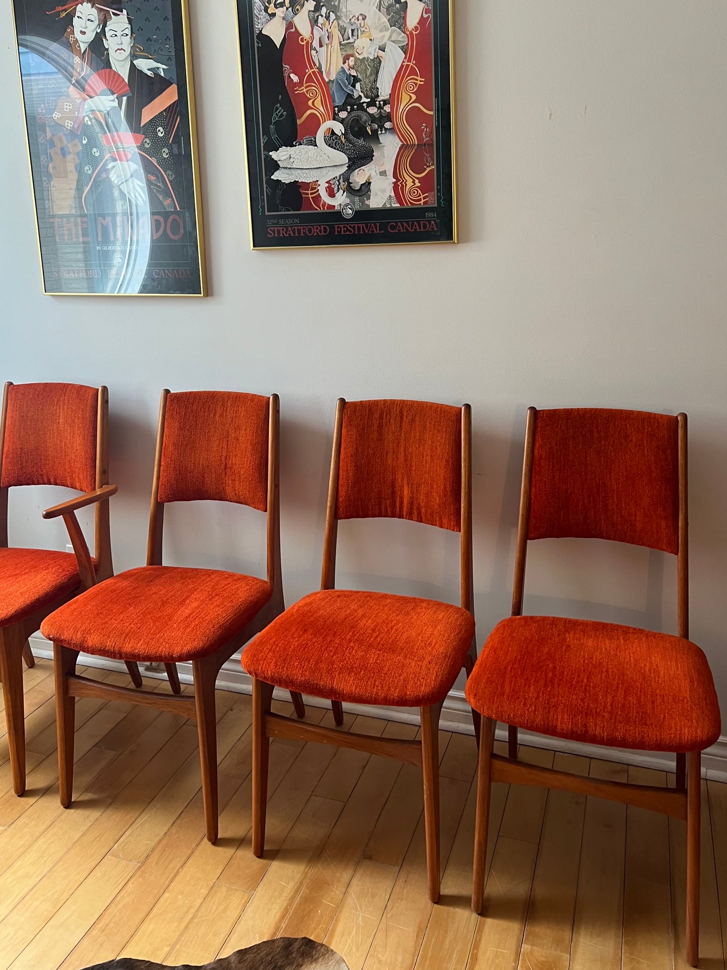 Mid Century Set of Four Teak Burnt Orange Dining Chairs