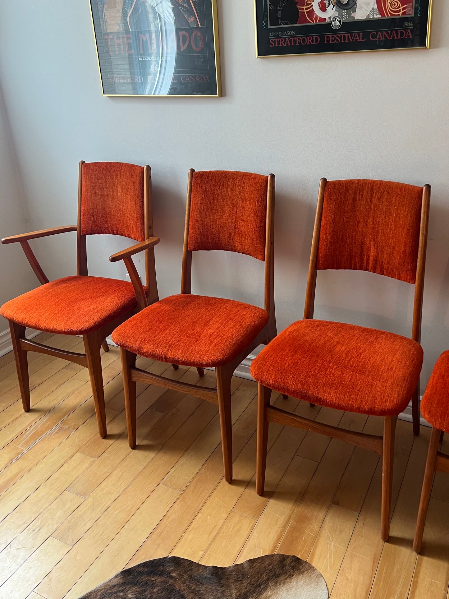 Mid Century Set of Four Teak Burnt Orange Dining Chairs