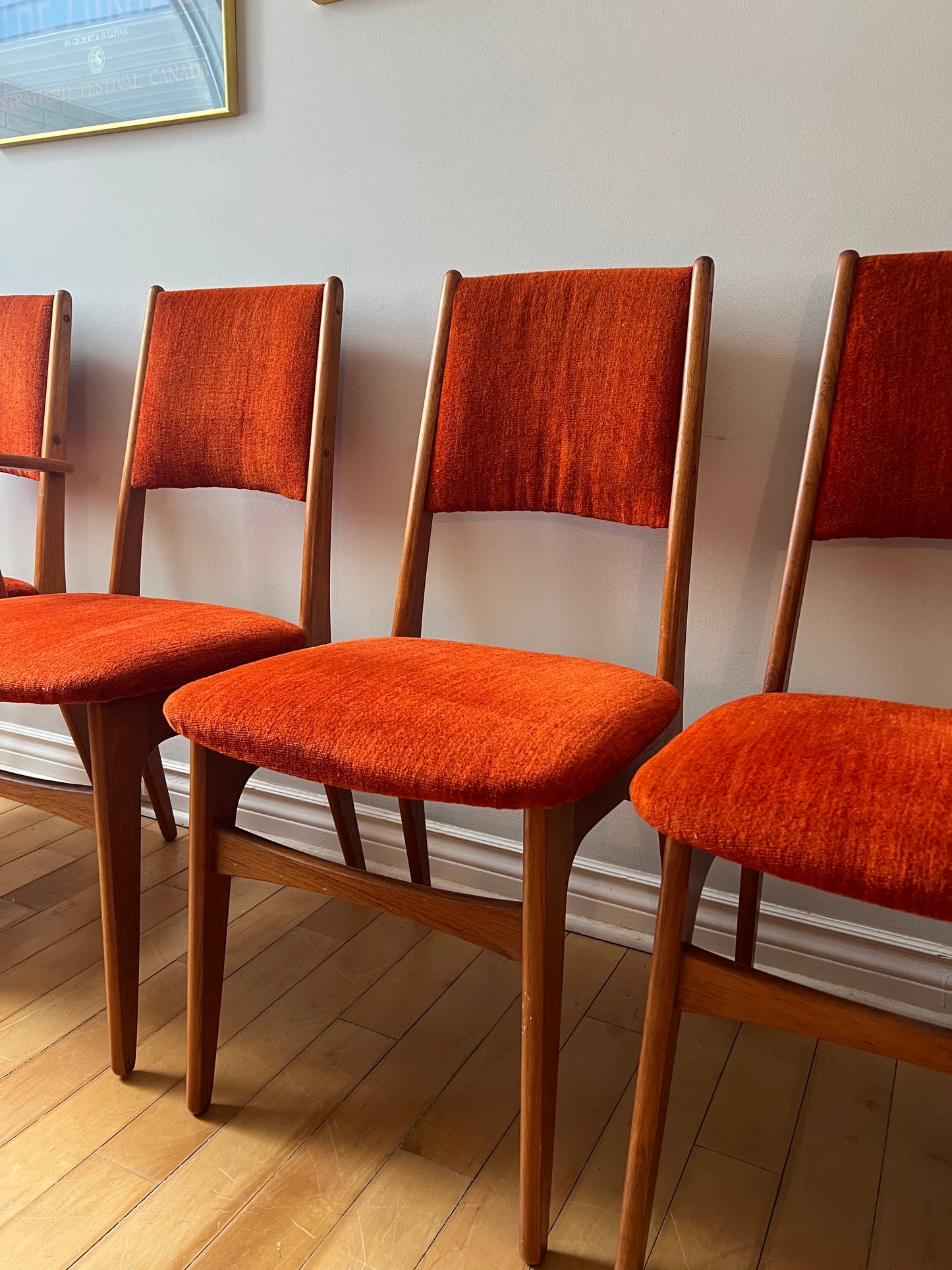 Mid Century Set of Four Teak Burnt Orange Dining Chairs