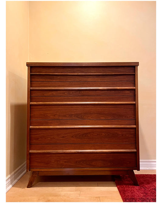 Mid Century Walnut Five Drawer Tallboy Dresser