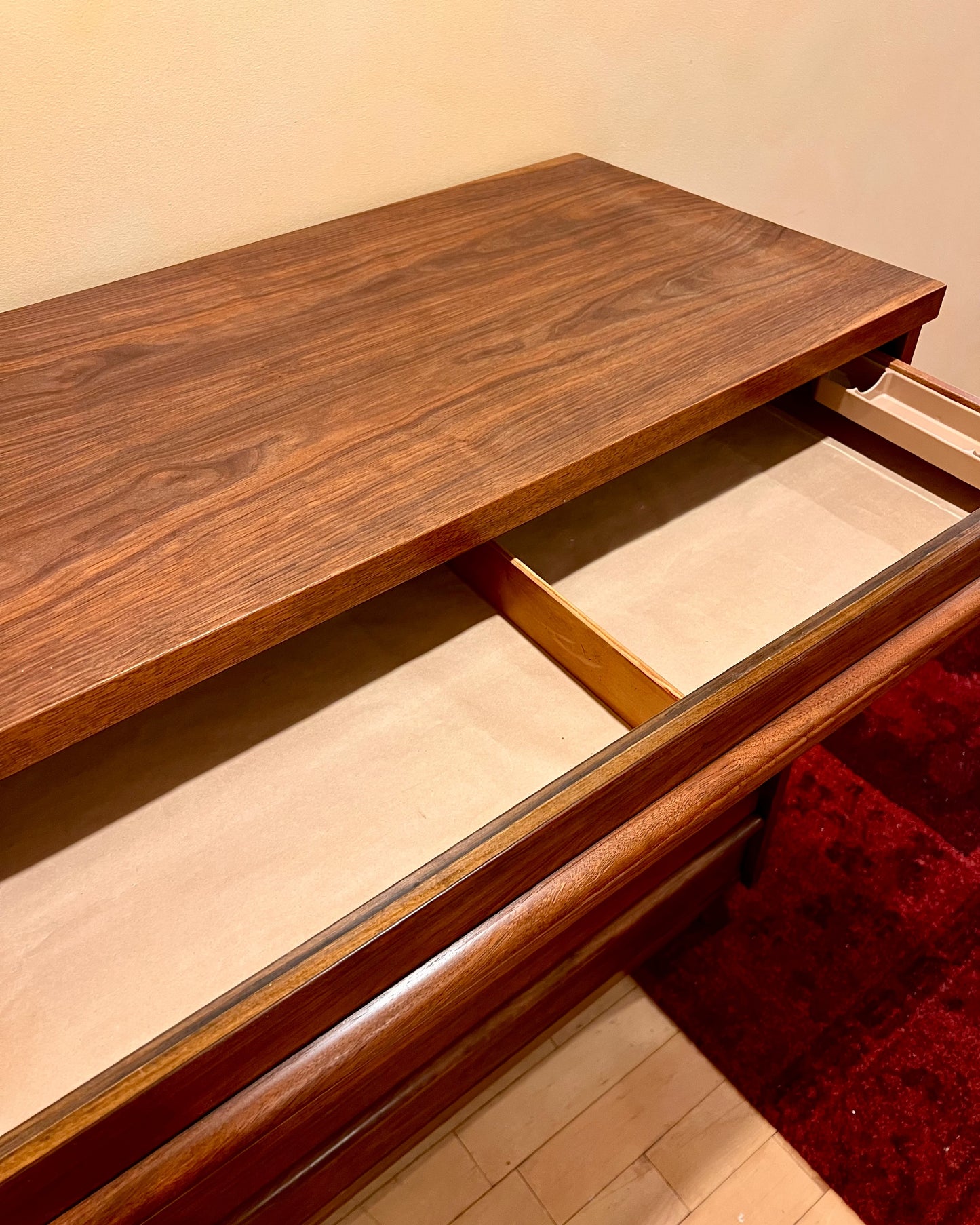 Mid Century Walnut Five Drawer Tallboy Dresser